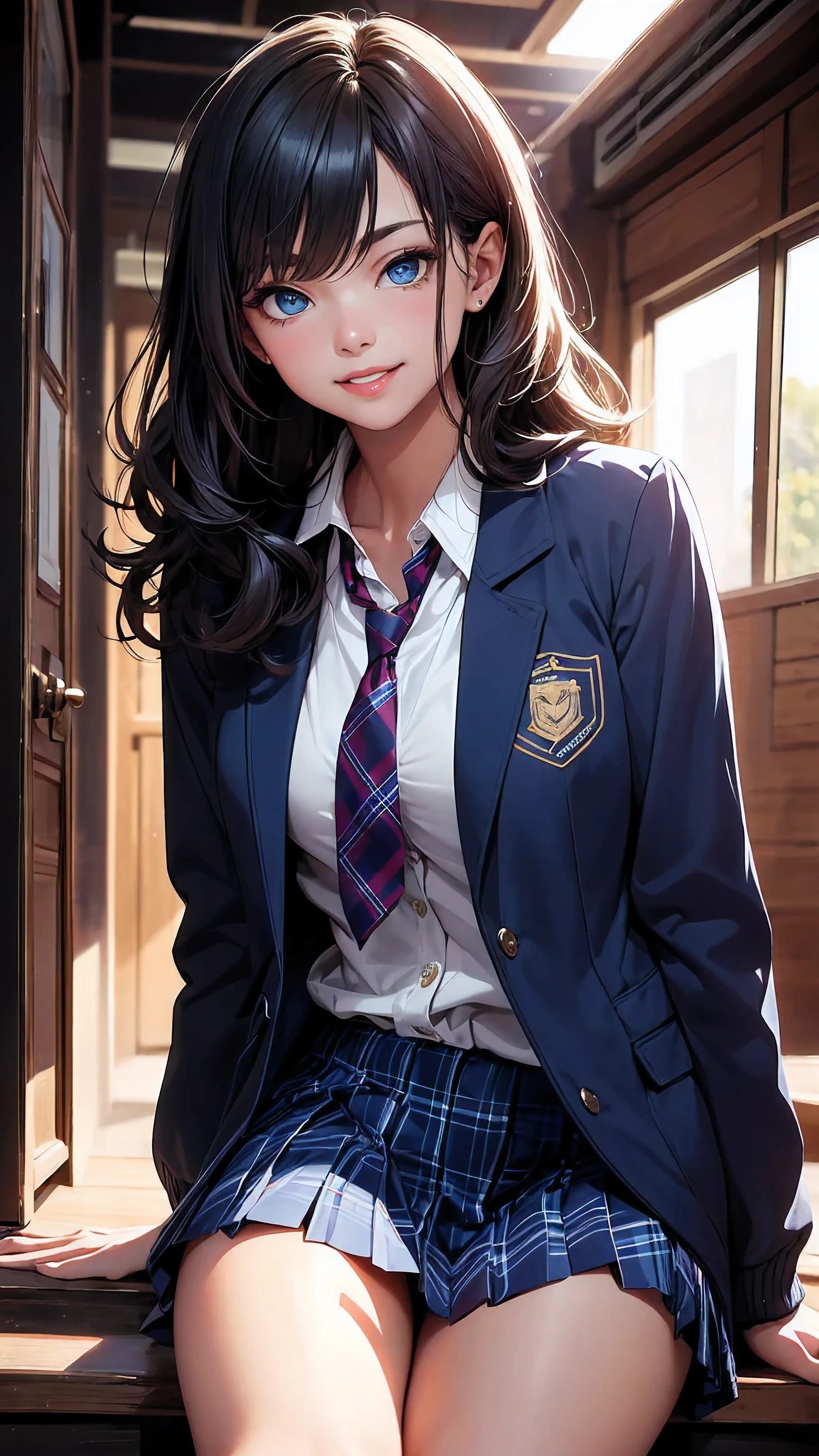 concept:A portrait of a beautiful woman。 quality:(highest quality, 4K, High resolution, masterpiece:1.2), Super detailed, (real, photorealistic:1.37), lightning:cinematic light, Bright colors and mesmerizing effects, Soft and delicate lightning, Soft shine, Lens flare, Subject information:alone, ((young woman)), (narrow eyes), (small face), (high detailed leather:1.2), long eyelashes, bright lips, (bionde, long wavy hair, Blue eyes), slim body shape:1.4, Highly detailed face and skin texture, (happy smile:1.2), facing the front:1.2, Posing for a photoshoot, (((high school uniform:1.2, dark blue jacket, open jacket, White shirt, deep blue plaid skirt, seductive thighs))), Other details:after school:1.5, sit on the stairs:1.2, beautiful skin, shiny skin, perfect fingers, five fingers, anatomically correct, background bokeh, Lens flare, 500㎜, f/4, Photoshoot,