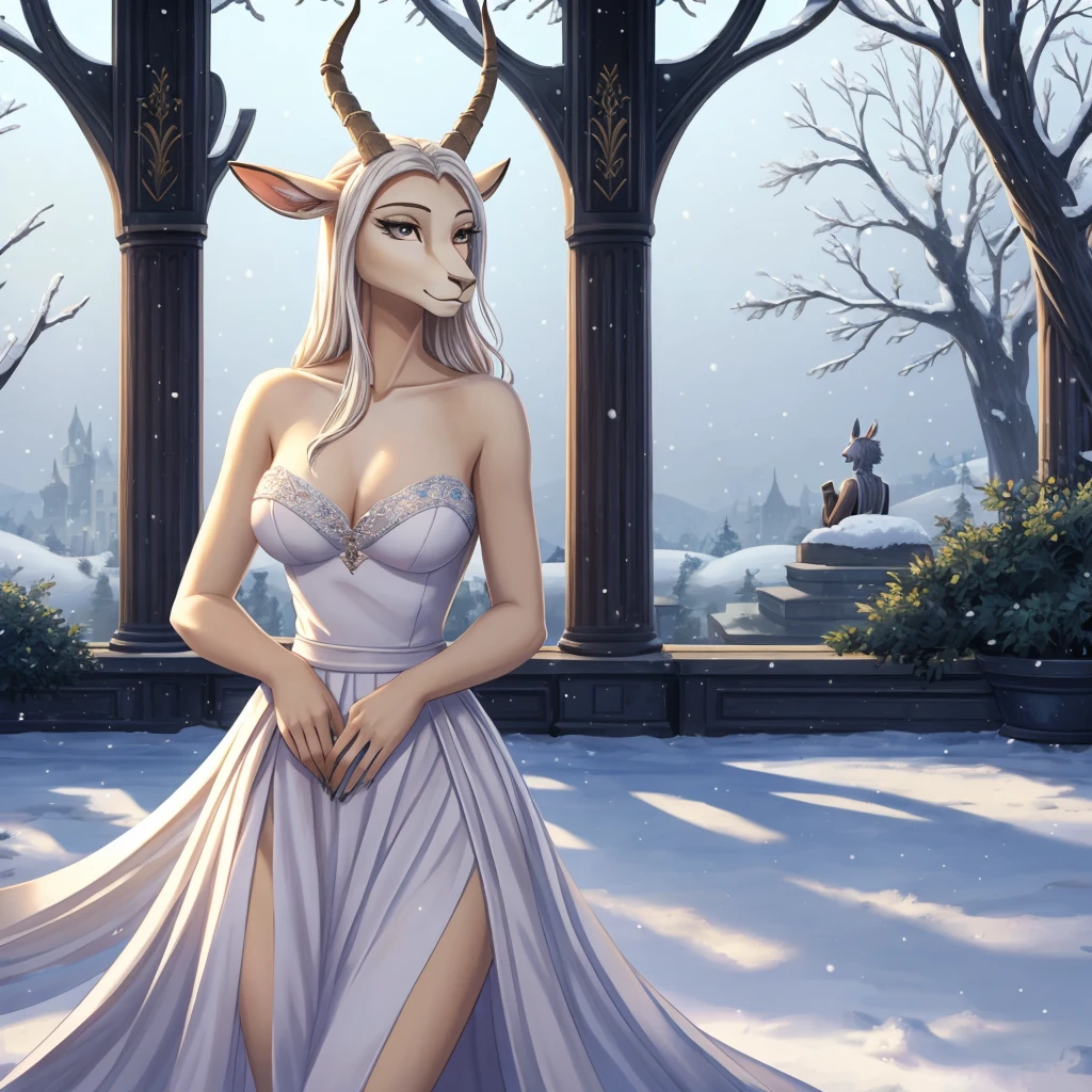 The female white gazelle in the Beastars universe exudes a serene and ethereal beauty.. With a slender body and snow-white fur., she radiates grace and purity. In the Cherryton Academy women&#39;s uniform., it combines sophistication with a gentle and kind atmosphere. Her movements are smooth and graceful., leaving a lasting impression with his calm and compassionate presence in the academy..