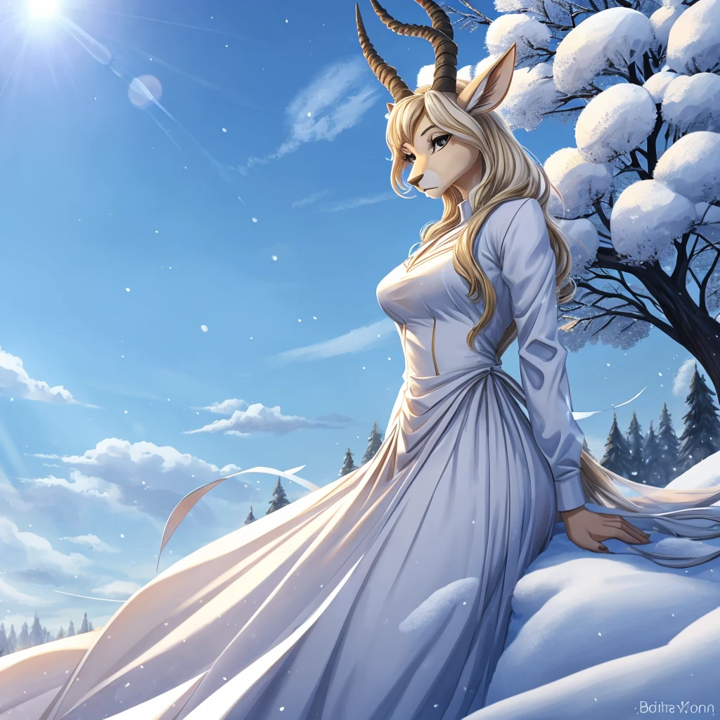 The female white gazelle in the Beastars universe exudes a serene and ethereal beauty.. With a slender body and snow-white fur., she radiates grace and purity. In the Cherryton Academy women&#39;s uniform., it combines sophistication with a gentle and kind atmosphere. Her movements are smooth and graceful., leaving a lasting impression with his calm and compassionate presence in the academy..