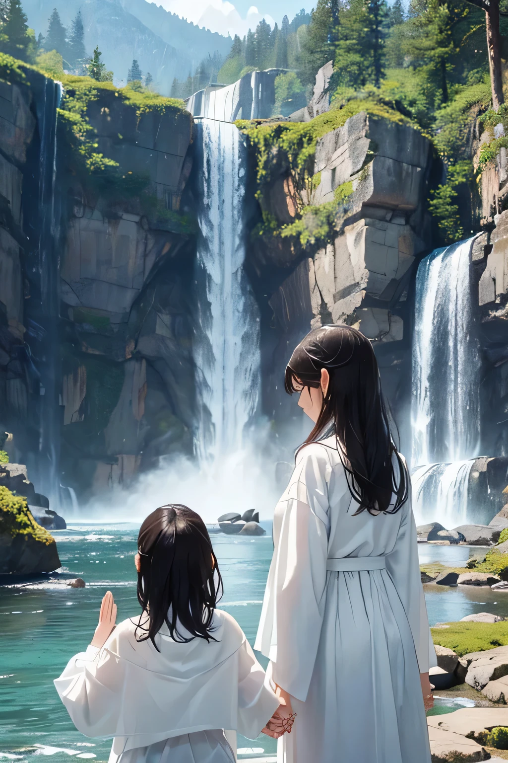 Create a realistic image of ancient China during the Tang Dynasty. ,A young woman in a white dress with a tired face, naked and sitting on a rock, one hand holding her bent head, the other leg stretched out straight, the other hand holding her long black hair, while a handsome young man stood and drew a picture of the young woman in the waterfall behind her, the young woman shattered against the rock.