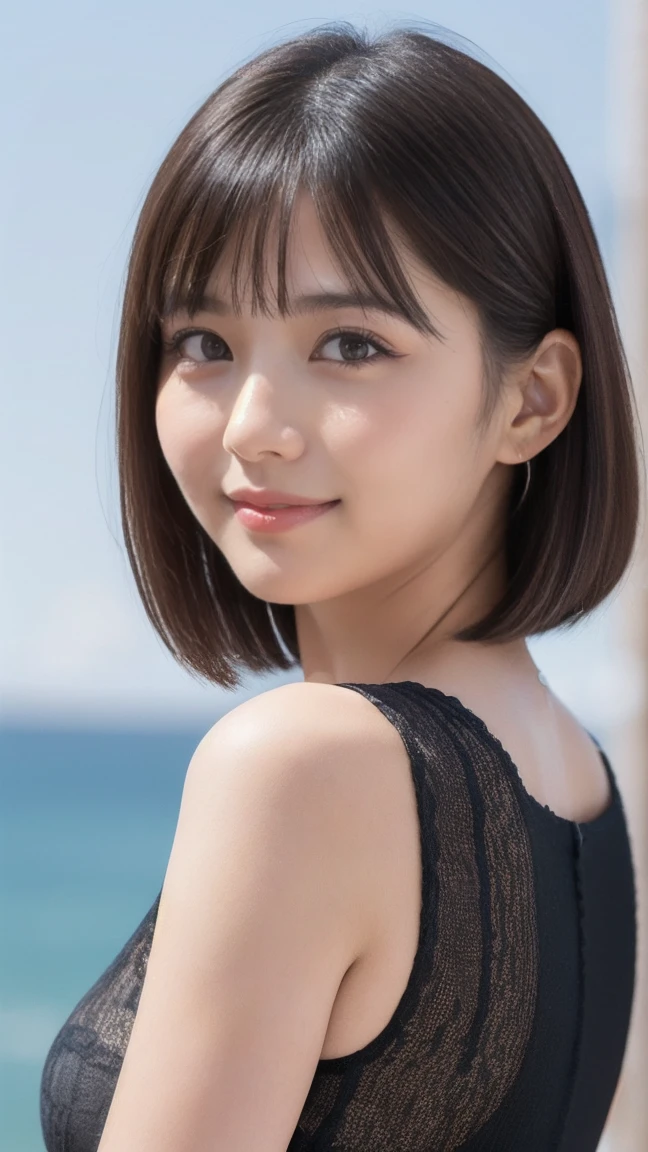 ((Standing on a hill overlooking the sea)),(masterpiece)、(Highest quality:1.5)、(Photorealistic:1.2)、(Surreal), (High resolution), (Realistic), (Post-processing),(Sharp focus), Sharp focus:1.2,Backlight, (Improvement of quality:1.4), (Narrow waist)、((Perfectly detailed five-fingered hands)),(Anatomically correct body)、((1 female:1.4))、Japanese、Realistic Skin、(Small chest:1.4)、Bust size is A cup、A pretty woman with a slender figure:1.4,(from the front:1.5), (Enhances the beauty of skin texture:1.1),No makeup、美しいBlack Hair、smile、Natural color lip、(Small Mouth:1.4)、The mouth is not open、Thick lips、(Oval Face)、Even bangs、Hide eyebrows with bangs、((33-year-old woman))、Bob Hair、Hair blowing in the wind, (Black Hair, Iris, Watery eyes, Shining Eyes, Bob cut hair,), Hair behind the ear、No makeup、(Drooping eyes)、(((One lovely woman)),((優しい大きなsmile)),(( Small breasts,Small breastsの谷間)),((((Plump Cheeks)))),very cute,(Baby Face),Raccoon face,