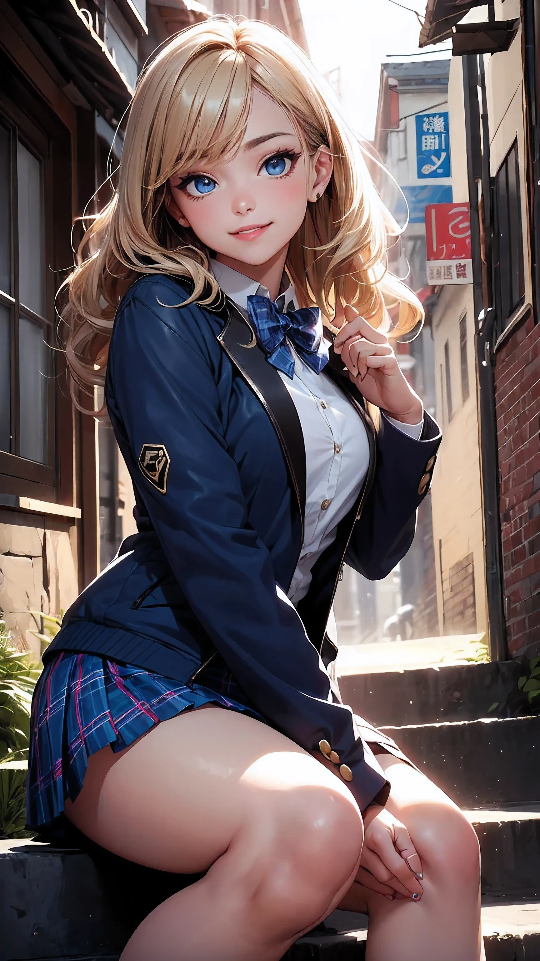 concept:A portrait of a beautiful woman。 quality:(highest quality, 4K, High resolution, masterpiece:1.2), Super detailed, (real, photorealistic:1.37), lightning:cinematic light, Bright colors and mesmerizing effects, Soft and delicate lightning, Soft shine, Lens flare, Subject information:alone, ((young woman)), (narrow eyes), (small face), (high detailed leather:1.2), long eyelashes, bright lips, (bionde, long wavy hair, Blue eyes), slim body shape:1.4, Highly detailed face and skin texture, (happy smile:1.2), facing the front:1.2, Posing for a photoshoot, (((high school uniform:1.2, dark blue jacket, open jacket, White shirt, deep blue plaid skirt, seductive thighs))), Other details:after school:1.5, sit on the stairs:1.2, beautiful skin, shiny skin, perfect fingers, five fingers, anatomically correct, background bokeh, Lens flare, 500㎜, f/4, Photoshoot,