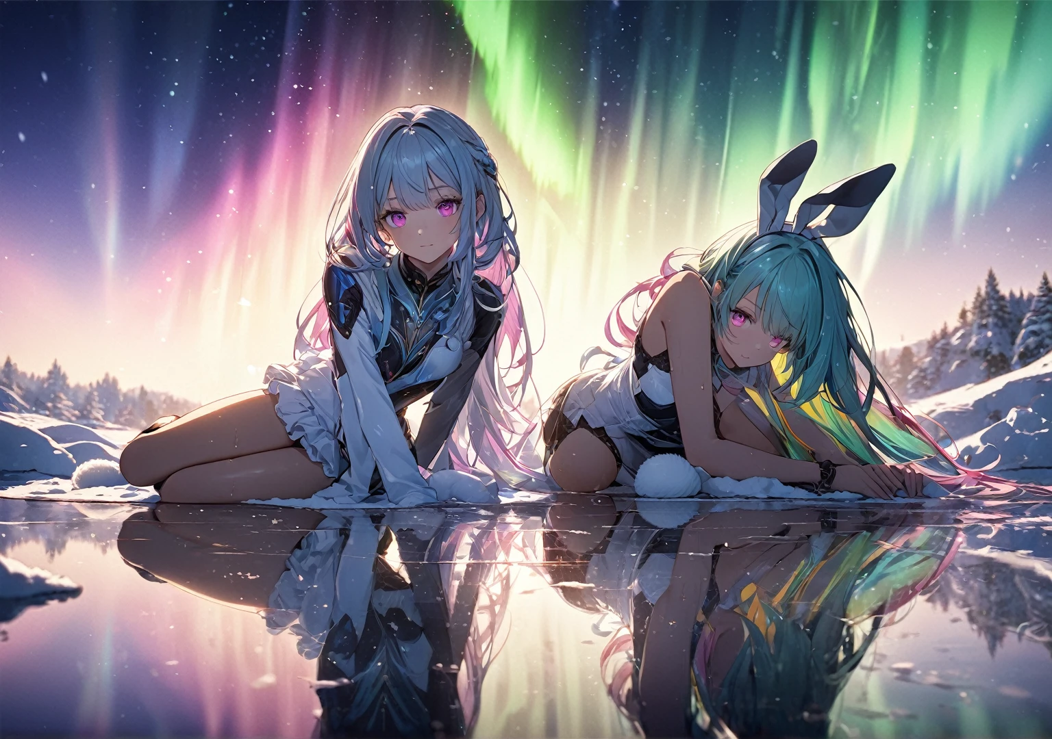 Twins Girl,((((pink color eyes))), (((bunny tail))),((bunny outfit)),beautiful as a fairy, a melancholy expression that stirs affection, floating hair, light particles, glare, vivid, fancy, dreamlike, a dim atmosphere, adult, full body, wet, ((anime style))),,(((cyber outfit))), (night sky), (((cyber backround))), masterpiece, Light focus , (Bright gradient watercolor :1.5, Lens Flare:1.5 , Glitter :1.5)、Glow , Dreamy , ((night background))、Grid illusion, Colorful, boy, (((night sky background:1.5,Psychic in the background:1.5))),((extremely detailed eye:1.5)),{{{Ultra 8K resolution}}},((masutepiece, of the highest quality, Beautiful and aesthetic: 1.2)),{{hyper detailed masterpiece: 1.7}}, {{Cinematic lighting}},(The hair Transparency:1.5）,(Light shades:1.5，light toned，Bright big aurora background:1.5、ming:1.5，Cold reflection:1.5，The edges of the object are reflected by a rainbow:1.5) 、(Golden ratio: 1.2), (Super Detail: 1.3), (Fractal Art: 1.3), {{{Glitter Pupil:1.25}}}) , ((rainbow-colored hair:1.2、colourful hair、Half blue and half pink hair:1.5,Shiny hair: 1.2)), (Heterochromia), (Hyper-detailing), ((delicate detail)), (intricate-detail), ((Cinematic Light, Highest quality backlight)), High contrast, {{{The best lighting, Very delicate and beautiful}}}, (( Cinematic Light)), (ray trace reflection, Glow), (((glowing aura)), {{{Glowing hair:1.25}}}, ((Super Detail)), (8K)), ((a closeup)), ((Brown skin)),(firmament:1.5),