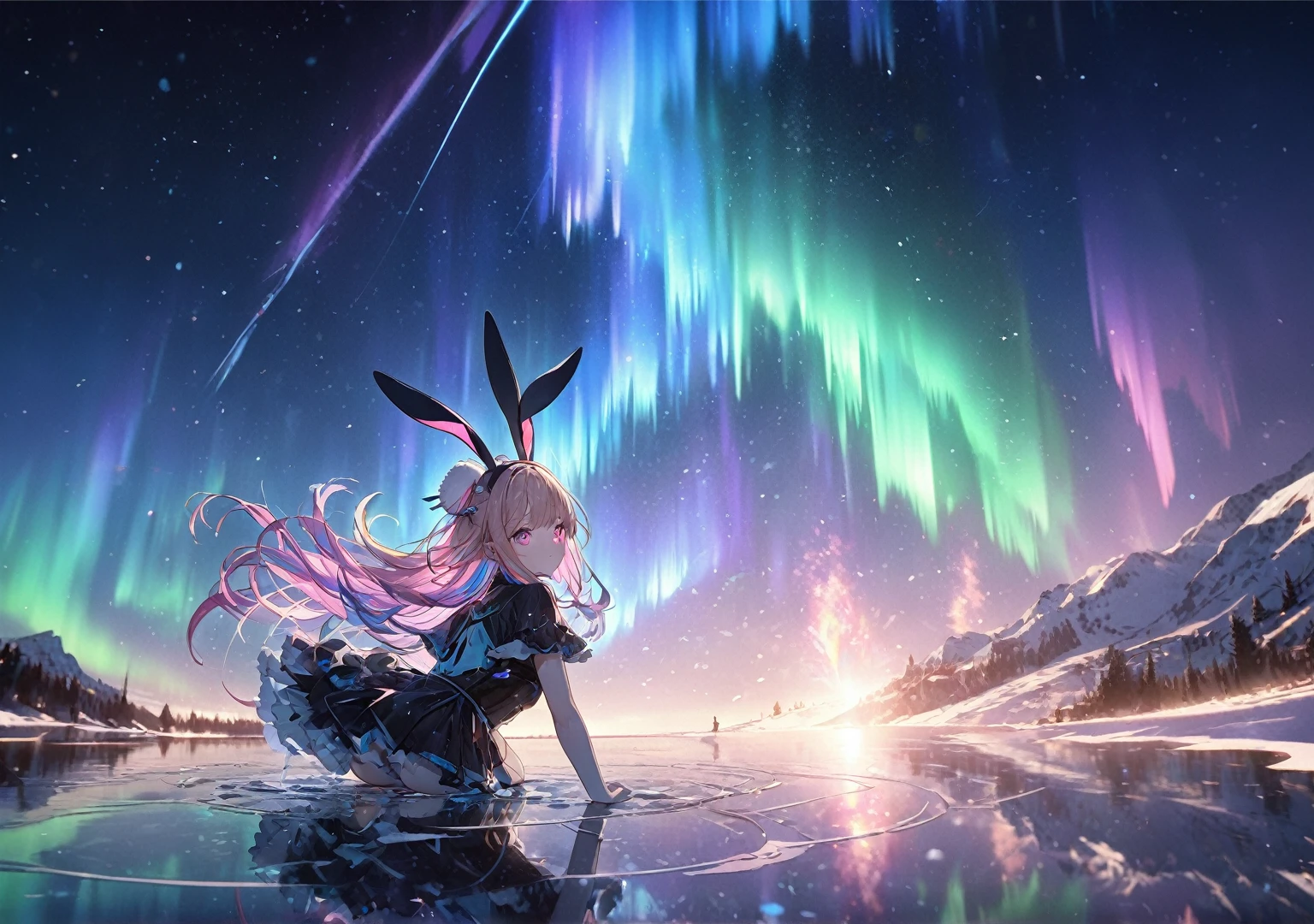 Twins Girl,((((pink color eyes))), (((bunny tail))),((bunny outfit)),beautiful as a fairy, a melancholy expression that stirs affection, floating hair, light particles, glare, vivid, fancy, dreamlike, a dim atmosphere, adult, full body, wet, ((anime style))),,(((cyber outfit))), (night sky), (((cyber backround))), masterpiece, Light focus , (Bright gradient watercolor :1.5, Lens Flare:1.5 , Glitter :1.5)、Glow , Dreamy , ((night background))、Grid illusion, Colorful, boy, (((night sky background:1.5,Psychic in the background:1.5))),((extremely detailed eye:1.5)),{{{Ultra 8K resolution}}},((masutepiece, of the highest quality, Beautiful and aesthetic: 1.2)),{{hyper detailed masterpiece: 1.7}}, {{Cinematic lighting}},(The hair Transparency:1.5）,(Light shades:1.5，light toned，Bright big aurora background:1.5、ming:1.5，Cold reflection:1.5，The edges of the object are reflected by a rainbow:1.5) 、(Golden ratio: 1.2), (Super Detail: 1.3), (Fractal Art: 1.3), {{{Glitter Pupil:1.25}}}) , ((rainbow-colored hair:1.2、colourful hair、Half blue and half pink hair:1.5,Shiny hair: 1.2)), (Heterochromia), (Hyper-detailing), ((delicate detail)), (intricate-detail), ((Cinematic Light, Highest quality backlight)), High contrast, {{{The best lighting, Very delicate and beautiful}}}, (( Cinematic Light)), (ray trace reflection, Glow), (((glowing aura)), {{{Glowing hair:1.25}}}, ((Super Detail)), (8K)), ((a closeup)), ((Brown skin)),(firmament:1.5),