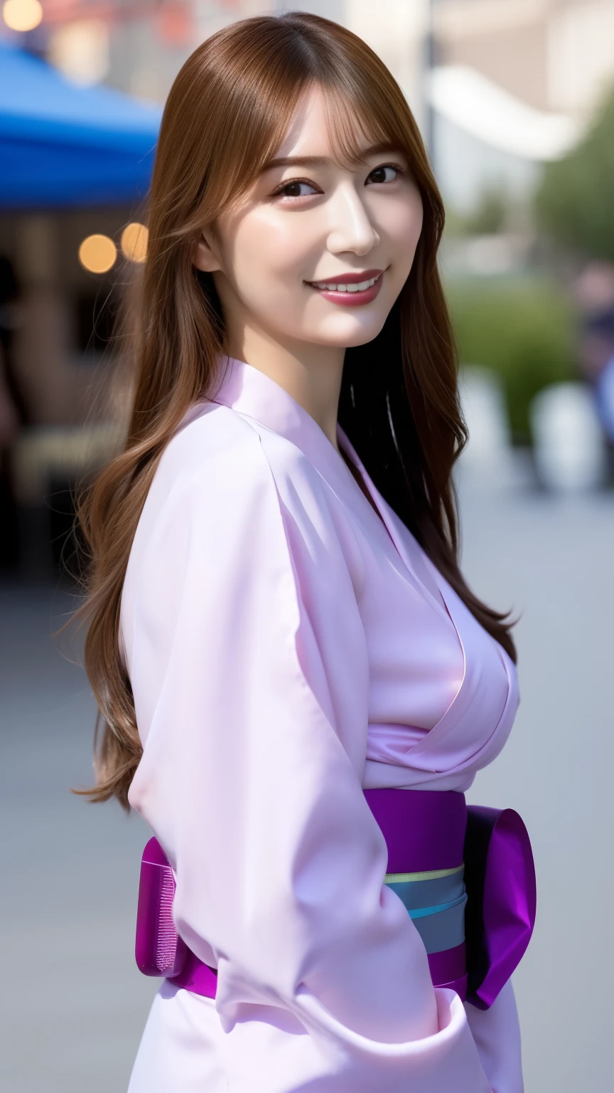 (Highest quality、8k、Award-winning works、Ultra-high resolution)、One beautiful woman、((She is wearing a light purple yukata..)),(blonde:1.1)、Bright color contacts、Perfect Makeup、Bright and shiny lipstick、(Very heavy makeup:1.2)、(Deep pink around the eyes:1.1)、Beautiful bright eyeshadow、Heavy makeup around the eyes、very long wavy hair、(Romantic affection:1.1)、The best smile he had when he saw me、(Background of food stalls lined up at a night festival:1.1)、(Strongly blurred background:1.1)、Accurate anatomy、Ultra HD Hair、(Ultra-high resolutionの完璧な美しい歯:1.1)、Ultra-high definition beauty face、Ultra HD Hair、Ultra HD Shining Eyes、輝くUltra-high resolutionの美肌、Ultra-high resolutionの艶やかな唇,I have a water balloon with a picture on it.,Neon lights are glowing,Large Breasts