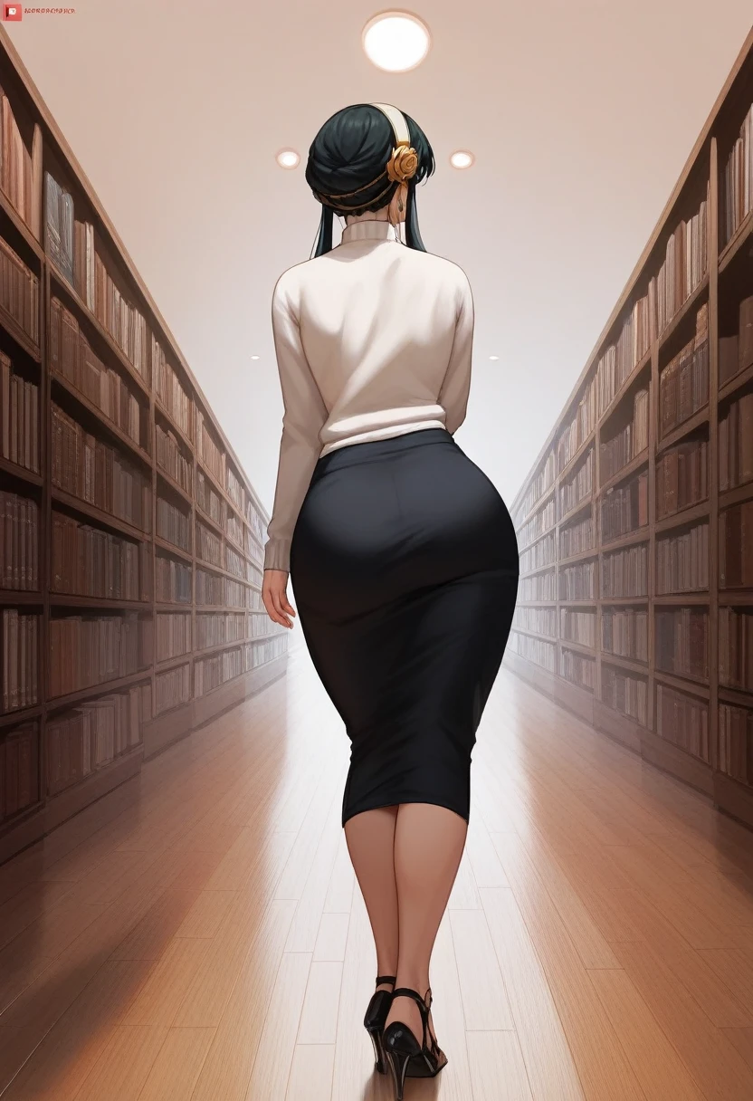 (mature woman), Sweater shirt, (long pencil skirt), charachter: Yor Briar de Spy x Family, beautiful  face, 가슴, (rear view), sensuous, (look over your shoulder), pose sexy, highest quallity,standing pose, (fund: In a library hallway)