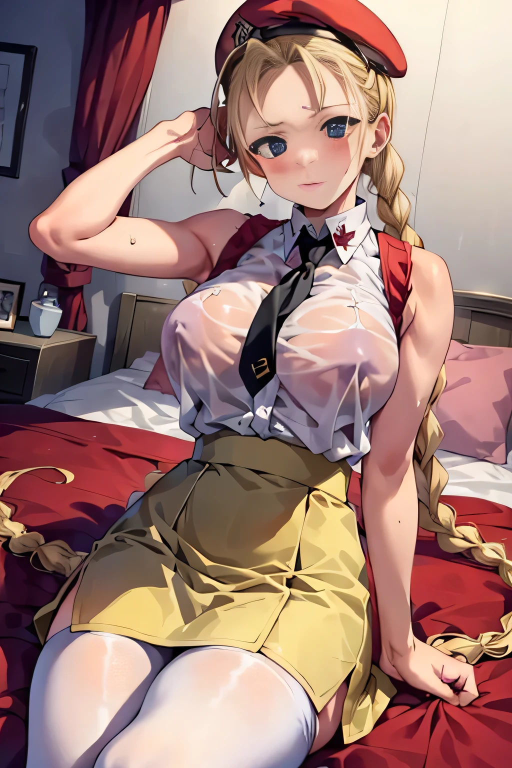 One Girl, Cammy、alone, bionde、Braid、, White shirt, Mini skirt, skirt, black skirt, Light blue pencil skirt, Sexy ultra skirt with slit、Cowboy Shot, Black tie, Big Breasts、 White Pantyhose、A see-through shirt、Pink Bra、Red Beret、bedroom