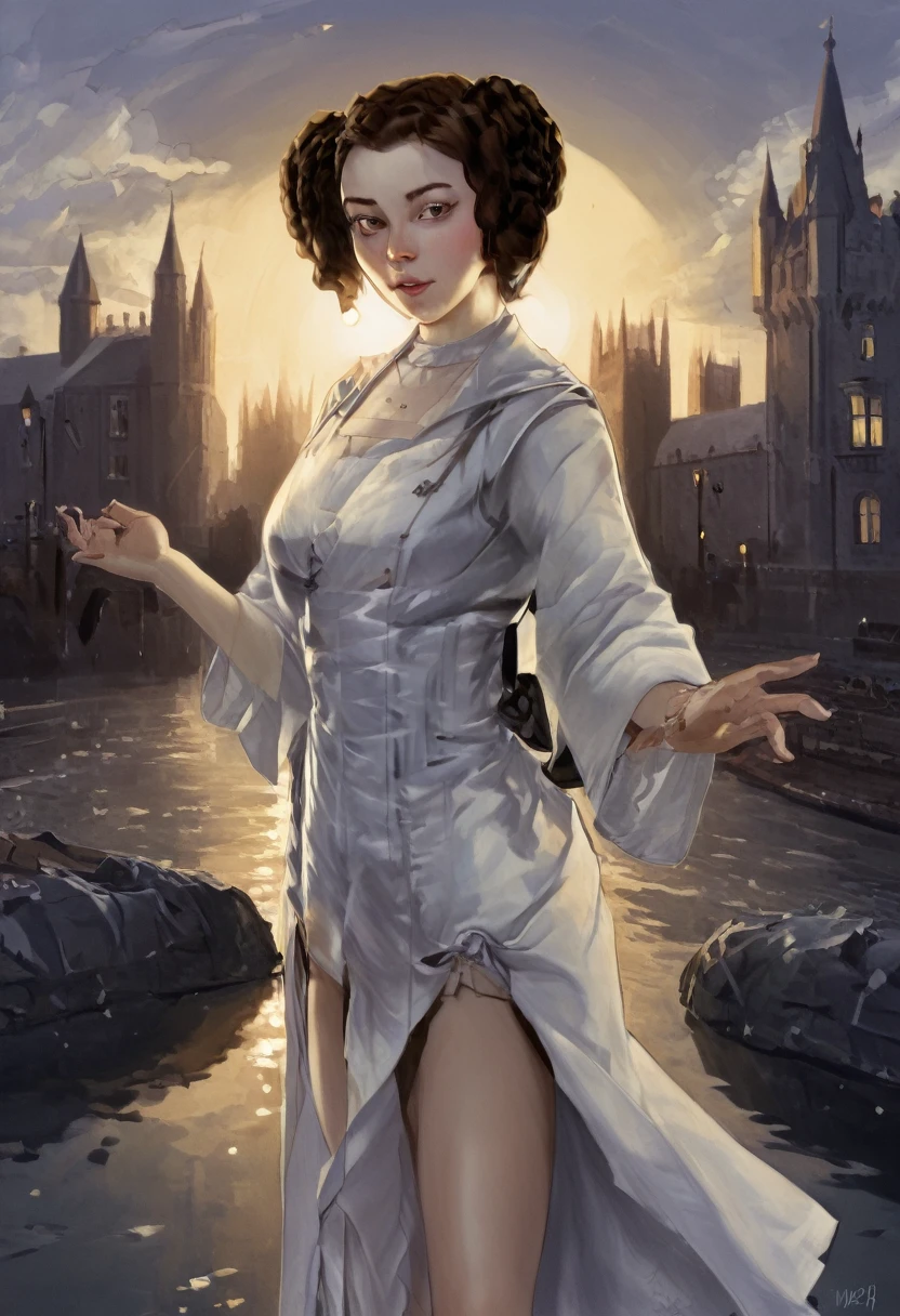 1girl, solo, princess_leia_organa_solo, short hair, hair bun, selfie, brown_hair, side buns, victorian era dress, lady mystical lamps at a Gaslit bridge spanning over tranquil river, london street, nighttime, fog, westminster, big ben, ultra-fine digital painting, cin3 victorianstyle,