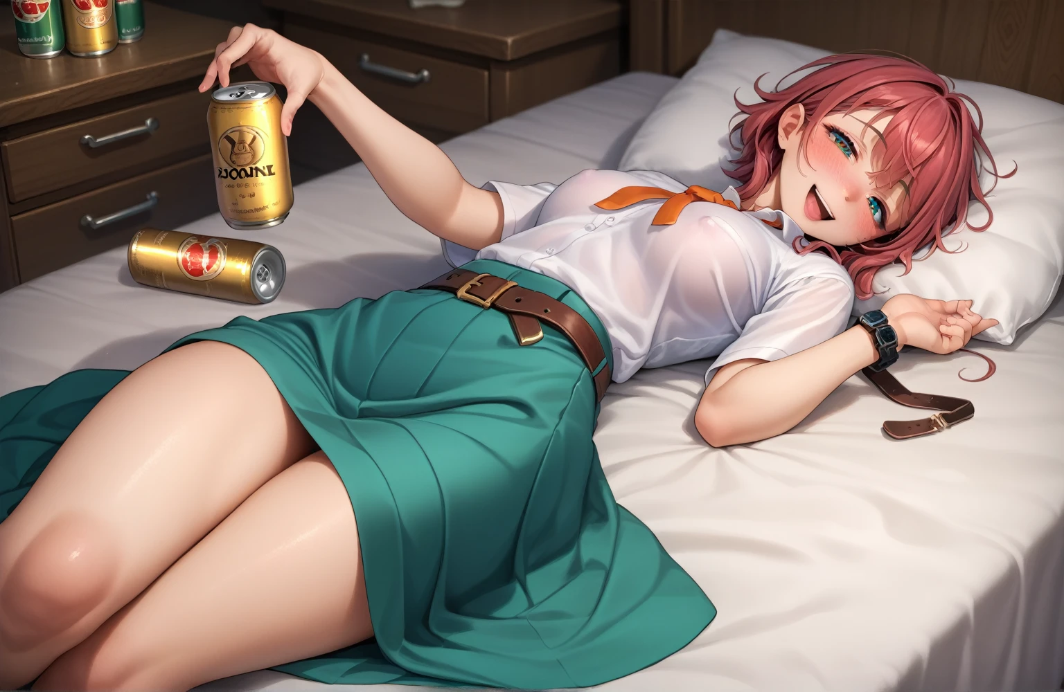 Japanese beauty naked,Madoka-Ayukawa,Cowboy belt on waist,Watch on wrist,Being drunk,Open your eyes,Cans of beer,Drunk,hiccups,indoor,Above the knee shot,Lying in bed,Ultra-high resolution,16K