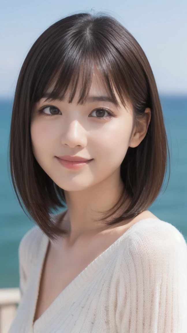 ((Standing on a hill overlooking the sea)),（masterpiece）、(Highest quality:1.5)、(Photorealistic:1.2)、(Surreal), (High resolution), (Realistic), (Post-processing),(Sharp focus), Sharp focus:1.2,Backlight, (Improvement of quality:1.4), (Narrow waist)、((Perfectly detailed five-fingered hands)),（Anatomically correct body）、((1 female:1.4))、Japanese、Realistic Skin、（Small chest：1.4）、Bust size is A cup、A pretty woman with a slender figure:1.4,(from the front:1.5), (Enhances the beauty of skin texture:1.1),No makeup、美しいBlack Hair、smile、Natural color lip、(Small Mouth:1.4)、The mouth is not open、Thick lips、(Oval Face)、Even bangs、Hide eyebrows with bangs、((33-year-old woman))、Bob Hair、Hair blowing in the wind, (Black Hair, Iris, Watery eyes, Shining Eyes, Bob cut hair,), Hair behind the ear、No makeup、(Drooping eyes)、(((One lovely woman)),((優しい大きなsmile)),(( Small breasts,Small breastsの谷間)),((((Plump Cheeks)))),very cute,(Baby Face),Raccoon face,
