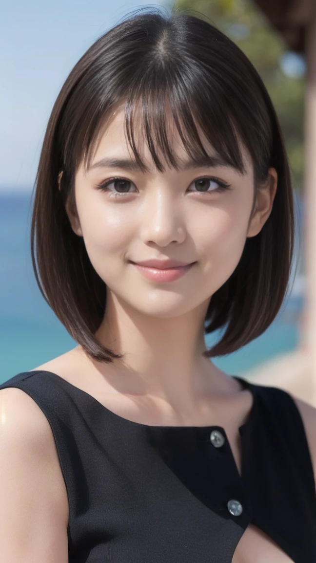 ((Standing on a hill overlooking the sea)),(masterpiece)、(Highest quality:1.5)、(Photorealistic:1.2)、(Surreal), (High resolution), (Realistic), (Post-processing),(Sharp focus), Sharp focus:1.2,Backlight, (Improvement of quality:1.4), (Narrow waist)、((Perfectly detailed five-fingered hands)),(Anatomically correct body)、((1 female:1.4))、Japanese、Realistic Skin、(Small chest:1.4)、Bust size is A cup、A pretty woman with a slender figure:1.4,(from the front:1.5), (Enhances the beauty of skin texture:1.1),No makeup、美しいBlack Hair、smile、Natural color lip、(Small Mouth:1.4)、The mouth is not open、Thick lips、(Oval Face)、Even bangs、Hide eyebrows with bangs、((33-year-old woman))、Bob Hair、Hair blowing in the wind, (Black Hair, Iris, Watery eyes, Shining Eyes, Bob cut hair,), Hair behind the ear、No makeup、(Drooping eyes)、(((One lovely woman)),((優しい大きなsmile)),(( Small breasts,Small breastsの谷間)),((((Plump Cheeks)))),very cute,(),Raccoon face,