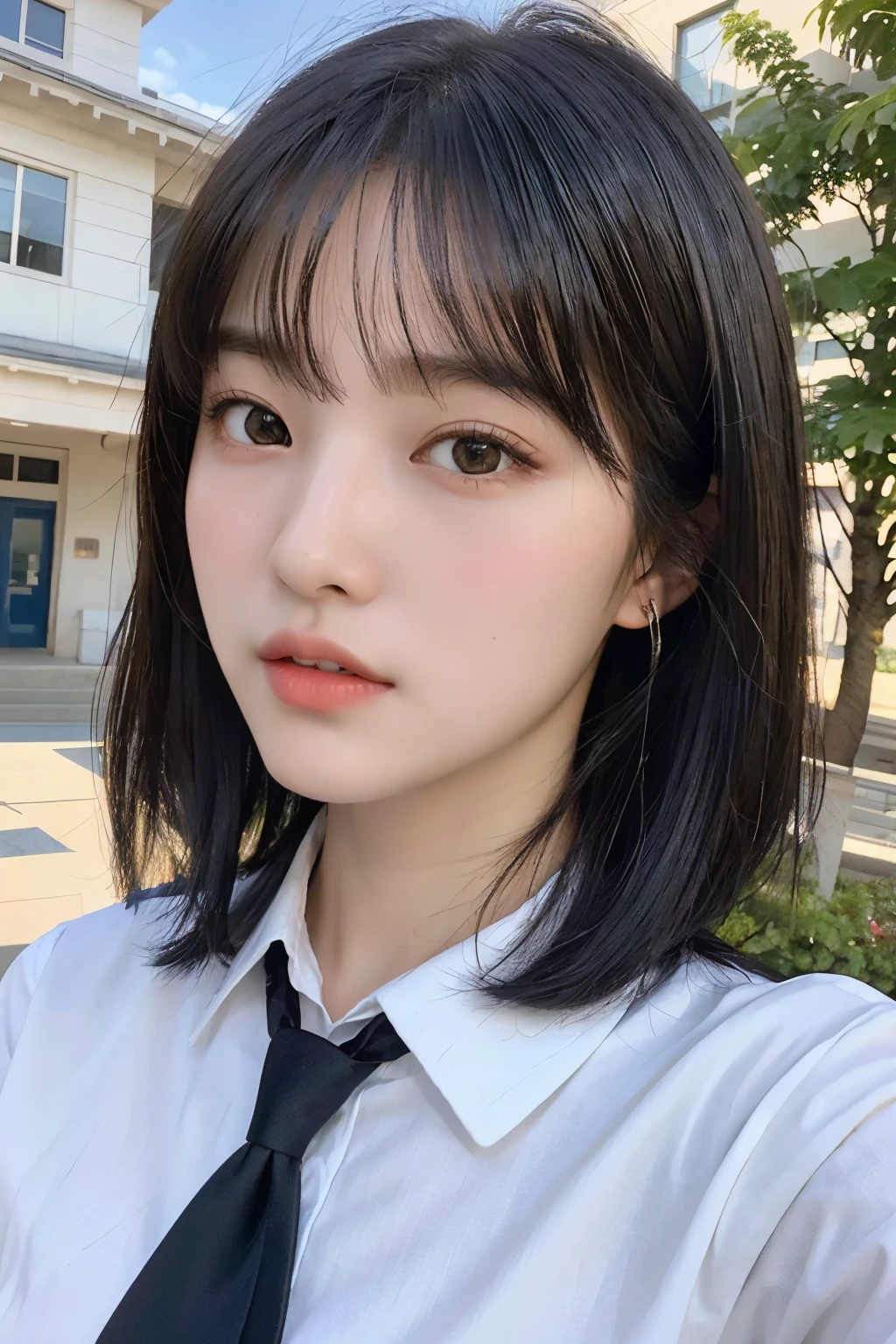 RAW photo, (8k), (best quality: 1.2), (real), (real: 1.37), super high resolution, ((black hair bob hair)), high school girl selfie, selfie, (uniform), close-up, close-up of face, young woman, white shirt, school building in background, natural expression, youthful atmosphere. (One woman, half Korean and half Ukrainian, 80% Korean, ,