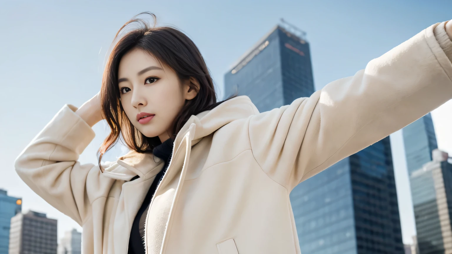((Tabletop:1.4, Highest quality)), (Photo Real:1.4), ((One Girl)), 
(超High resolution:1.2), Very delicate and beautiful, wonderful, 
Very detailed CG Unity 8k 壁紙, Very detailed, High resolution, Soft Light, 
Beautiful detailed girl, Very detailed目と顔, Beautifully detailed nose, Beautiful attention to detail, 
(light beige coat:1.4), Shiny black hair, 
Cinema Lighting, Perfect Anatomy, Slender body, Was nervous,
(Glass skyscraper:1.3), (Clear winter blue sky:1.4), (A beautiful form with an inorganic, urban atmosphere),
Cute pose, Cowboy Shot
