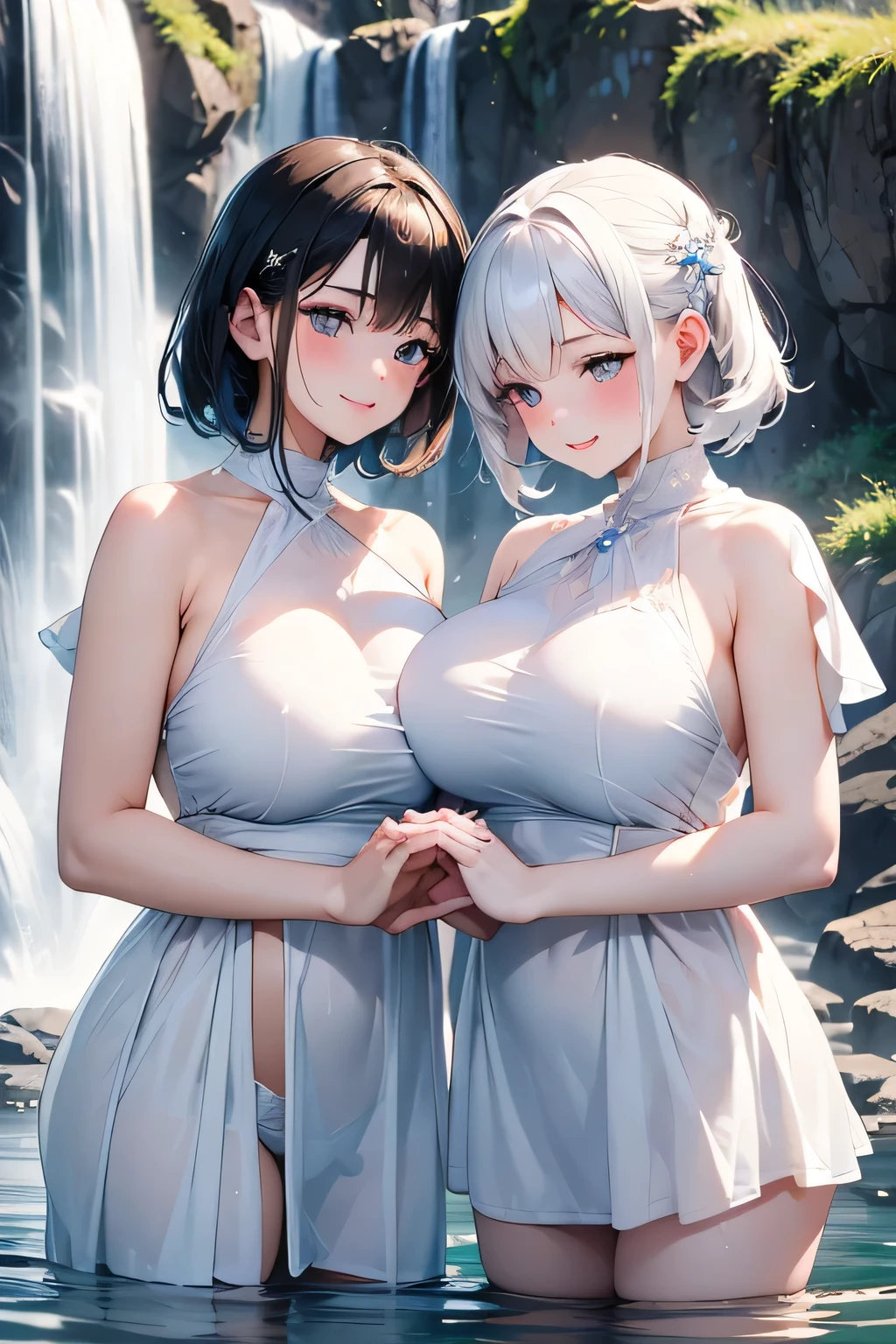 ((highest quality、High resolution))、Portrait、A beautiful woman、Perfect body、Beautiful ample breasts、Long blonde、bangs、Blue and white、Embellished blue sexy dress、skirt、Sexually excited facial expression、Nipples、Love juice、No panties、((Two beauties showing their pussies))、I'm inviting you to have sex、Outdoor Scenery