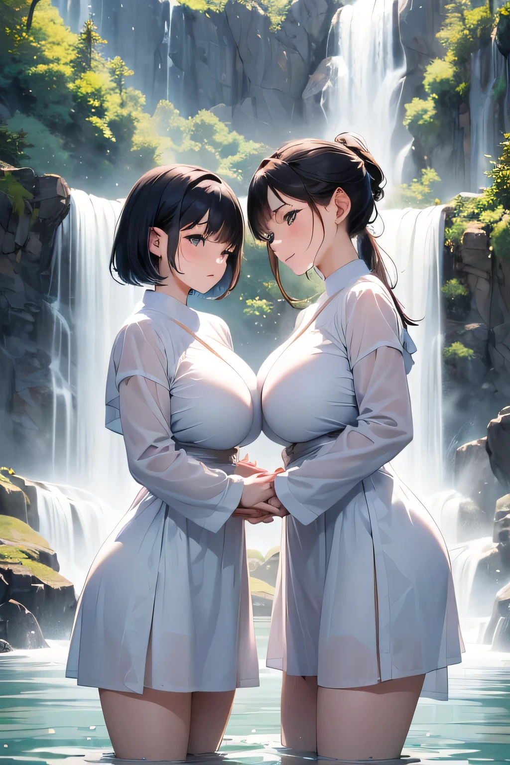 2lady(different hair style), ((ultra-quality)), (Bukkake:1.5), (back facing), (back view), (profile), (backwards), (sexy back), (side colossal tit:1.8), (side boob), (in 8K), (arms behind back:1.5), (arms are down), ultla highres, Hyper Detailed, High contrast, Ultrafine Strike, creative refinement, absurdres, Realistic, extremely detailed CG unified 8k wallpaper, Highly detailed, High-definition raw color photos, professional photography, (Realistic portrait), Cinematic Light, Beautiful detailed, 28 years old woman, (realistic skin:1.3), (shiny skin), (Best Quality:1.4), Super Detail, High quality, master piece, lifelike, (After SEX), Bukkake, Perfect face, (cum on chest:1.5), (Bukkake:1.5), (covered by lot of cum:1.3), (Sharp Focus), (upper body), (close up), Delicate Beautiful Hair and Eyes and Face, Delicate eyes, radiant eyes, Lifelike, Hyper-detailing, (Silk backless silver dress), (bare shoulder), (sleeveless), (no bra), (large areola:1.1), (puffy nipples:1.4), (sexy nipples:1.3), (colossal breasts:1.6), (big breasts:1.5), (Beautiful breasts:1.5), (smooth stomach), (covered nipples:1.4), (arms behind back:1.3), Beautiful cute woman, camel-toe details, (SFW), wet clothes, (slim body), slim, wet, pale black eyes, (bob cut:1.2), (ponytail), (smooth back), (sexy hip), (smooth hip)