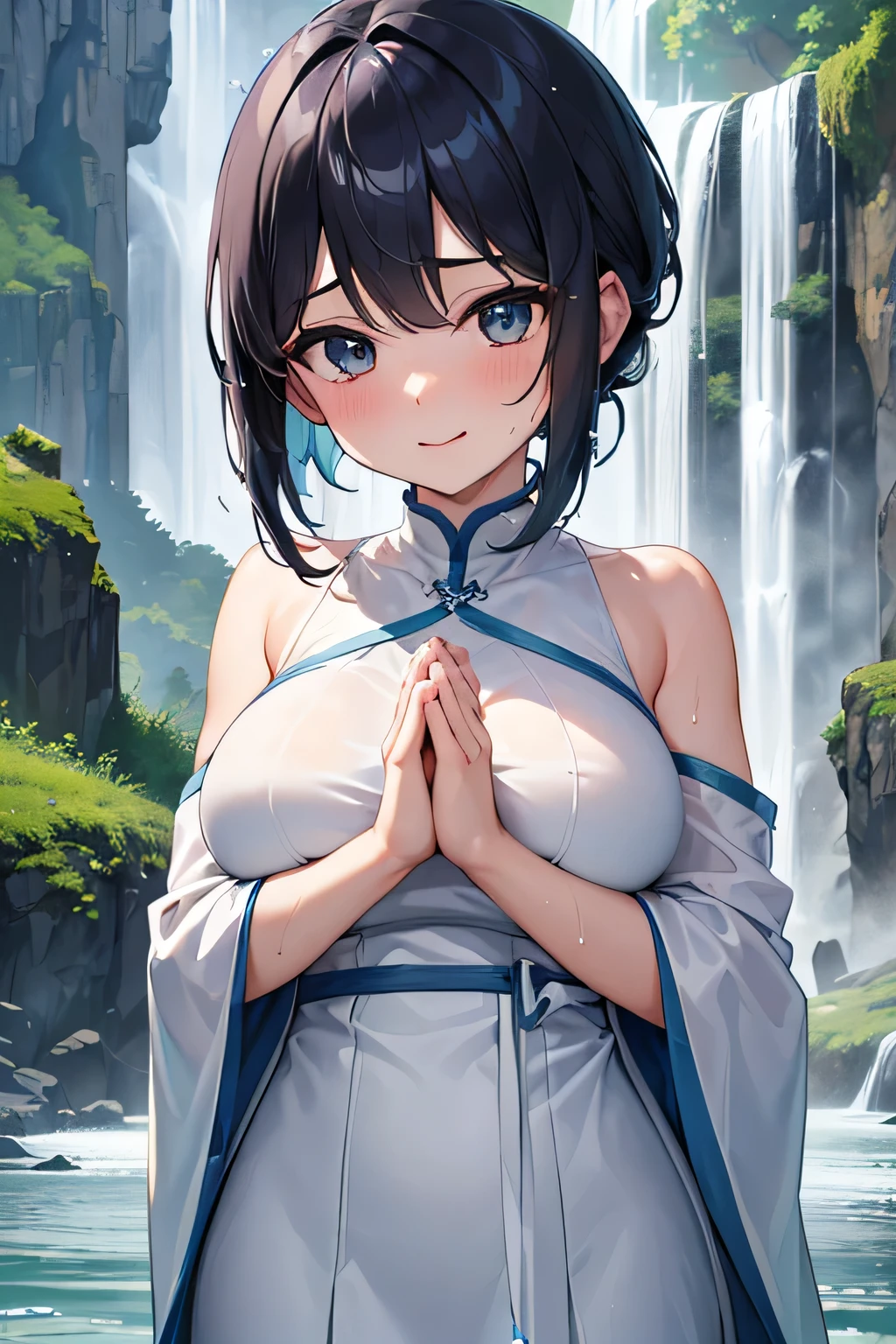 Highest quality、High resolution、Detailed Background、Artistic、(Beautiful face in every detail:1.4)、Anatomically correct、(Normal number of fingers:1.2)、Highly detailed face、Detailed eyes、Teenage beauty、(Huge breasts:1.2)、Perfect body line、Light color hair、Bobcut、ponytail、well-groomed eyebrows、cute gesture、Natural beauty、Deep green mountains、Under the cold winter sky、A secluded waterfall。Roar and splash、Show only the upper body、Accentuate your cleavage、The fabric is transparent and emphasizes her breasts、A big smile、
(A girl wearing a white cloth with her hands together in prayer being showered by the water of a waterfall:1.5)、
clear々In the quiet mountain stream、I am trying to do waterfall training.、As the cold water splashes up、He stands there, breathless and excited.、They encourage each other by raising their voices to match the sound of the powerful waterfall.、While brushing back her wet hair、It's nice to see them praising each other's efforts.、Even though they are shivering from the cold, they have a look of accomplishment on their faces.、During breaks, they enjoy lively conversation with hot drinks in hand.、It seems like they are filled with a sense of fulfillment, having trained both their body and mind in nature.、The sight of them holding hands and walking away is powerful.、cute