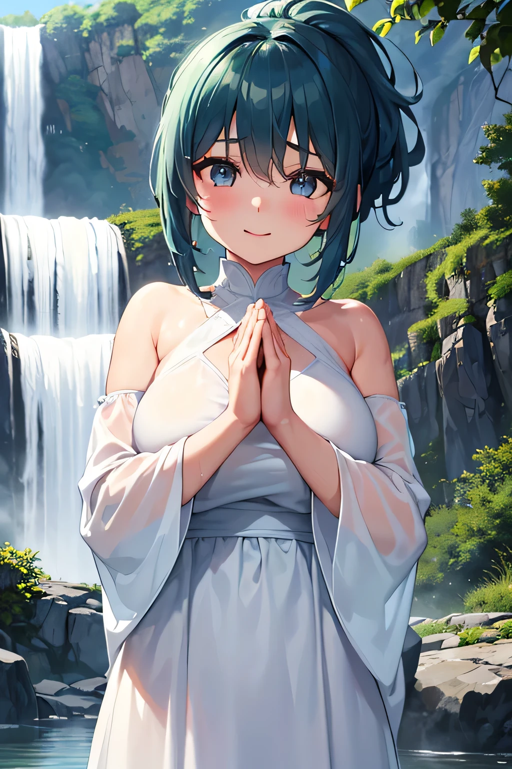 Highest quality、High resolution、Detailed Background、Artistic、(Beautiful face in every detail:1.4)、Anatomically correct、(Normal number of fingers:1.2)、Highly detailed face、Detailed eyes、Teenage beauty、(Huge breasts:1.2)、Perfect body line、Light color hair、Bobcut、ponytail、well-groomed eyebrows、cute gesture、Natural beauty、Deep green mountains、Under the cold winter sky、A secluded waterfall。Roar and splash、Show only the upper body、Accentuate your cleavage、The fabric is transparent and emphasizes her breasts、A big smile、
(A girl wearing a white cloth with her hands together in prayer being showered by the water of a waterfall:1.5)、
clear々In the quiet mountain stream、I am trying to do waterfall training.、As the cold water splashes up、He stands there, breathless and excited.、They encourage each other by raising their voices to match the sound of the powerful waterfall.、While brushing back her wet hair、It's nice to see them praising each other's efforts.、Even though they are shivering from the cold, they have a look of accomplishment on their faces.、During breaks, they enjoy lively conversation with hot drinks in hand.、It seems like they are filled with a sense of fulfillment, having trained both their body and mind in nature.、The sight of them holding hands and walking away is powerful.、cute