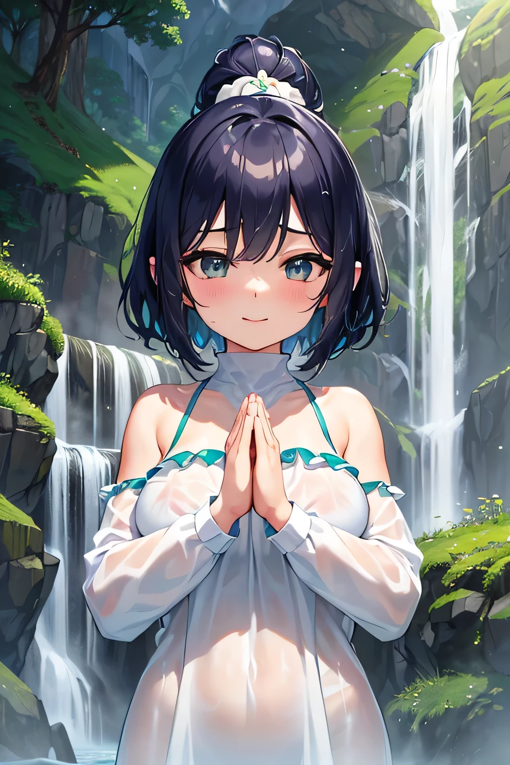 Highest quality、High resolution、Detailed Background、Artistic、(Beautiful face in every detail:1.4)、Anatomically correct、(Normal number of fingers:1.2)、Highly detailed face、Detailed eyes、Teenage beauty、(Huge breasts:1.2)、Perfect body line、Light color hair、Bobcut、ponytail、well-groomed eyebrows、cute gesture、Natural beauty、Deep green mountains、Under the cold winter sky、A secluded waterfall。Roar and splash、Show only the upper body、Accentuate your cleavage、The fabric is transparent and emphasizes her breasts、A big smile、
(Looking up from below at a girl wearing a white cloth and with her hands together in prayer being showered by the waterfall:1.5)、
clear々In the quiet mountain stream、I am trying to do waterfall training.、As the cold water splashes up、He stands there, breathless and excited.、While brushing back her wet hair、Even though they are shivering from the cold, they have a look of accomplishment on their faces.、cute