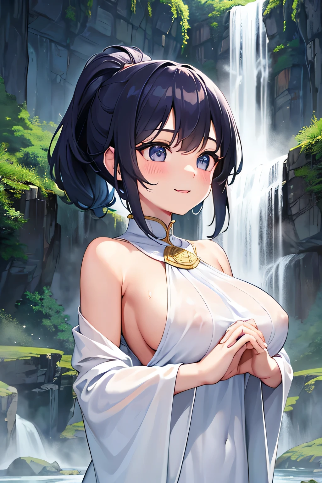 Highest quality、High resolution、Detailed Background、Artistic、(Beautiful face in every detail:1.4)、Anatomically correct、(Normal number of fingers:1.2)、Highly detailed face、Detailed eyes、age beauty、(Huge breasts:1.2)、Perfect body line、Light color hair、Bobcut、ponytail、well-groomed eyebrows、cute gesture、Natural beauty、Deep green mountains、Under the cold winter sky、A secluded waterfall。Roar and splash、Show only the upper body、Accentuate your cleavage、The fabric is transparent and emphasizes her breasts、A big smile、
(Looking up from below at a girl wearing a white cloth and with her hands together in prayer being showered by the waterfall:1.5)、
clear々In the quiet mountain stream、I am trying to do waterfall training.、As the cold water splashes up、He stands there, breathless and excited.、While brushing back her wet hair、Even though they are shivering from the cold, they have a look of accomplishment on their faces.、cute