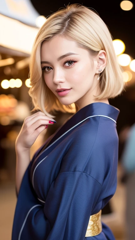 (Highest quality、8k、Award-winning works、Ultra-high resolution)、One beautiful woman、((She is wearing a cute navy blue yukata...)),(blonde:1.1)、Bright color contacts、Perfect Makeup、Bright and shiny lipstick、(Very heavy makeup:1.2)、(Deep pink around the eyes:1.1)、Beautiful bright eyeshadow、Heavy makeup around the eyes、very long wavy hair、(Romantic affection:1.1)、The best smile he had when he saw me、(Background of food stalls lined up at a night festival:1.1)、(Strongly blurred background:1.1)、Accurate anatomy、Ultra HD Hair、(Ultra-high resolutionの完璧な美しい歯:1.1)、Ultra-high definition beauty face、Ultra HD Hair、Ultra HD Shining Eyes、輝くUltra-high resolutionの美肌、Ultra-high resolutionの艶やかな唇,I'm holding a water balloon with a picture on it.,Neon lights are glowing