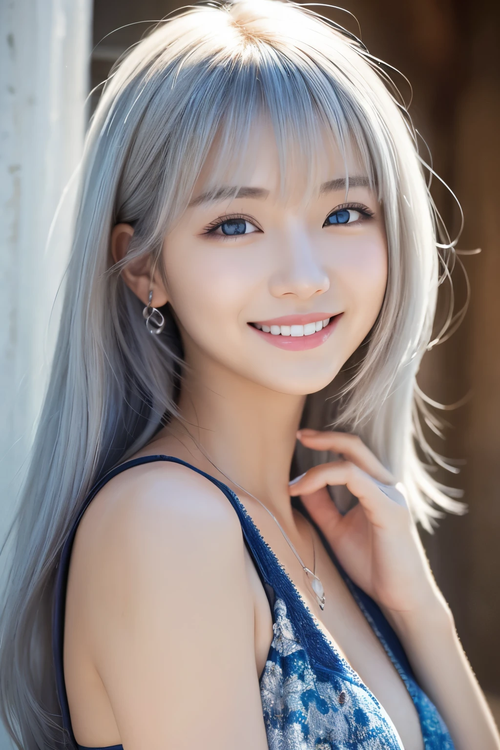 Beautiful Dragon Girl、White skin、blue eyes、Silver Hair、smile、