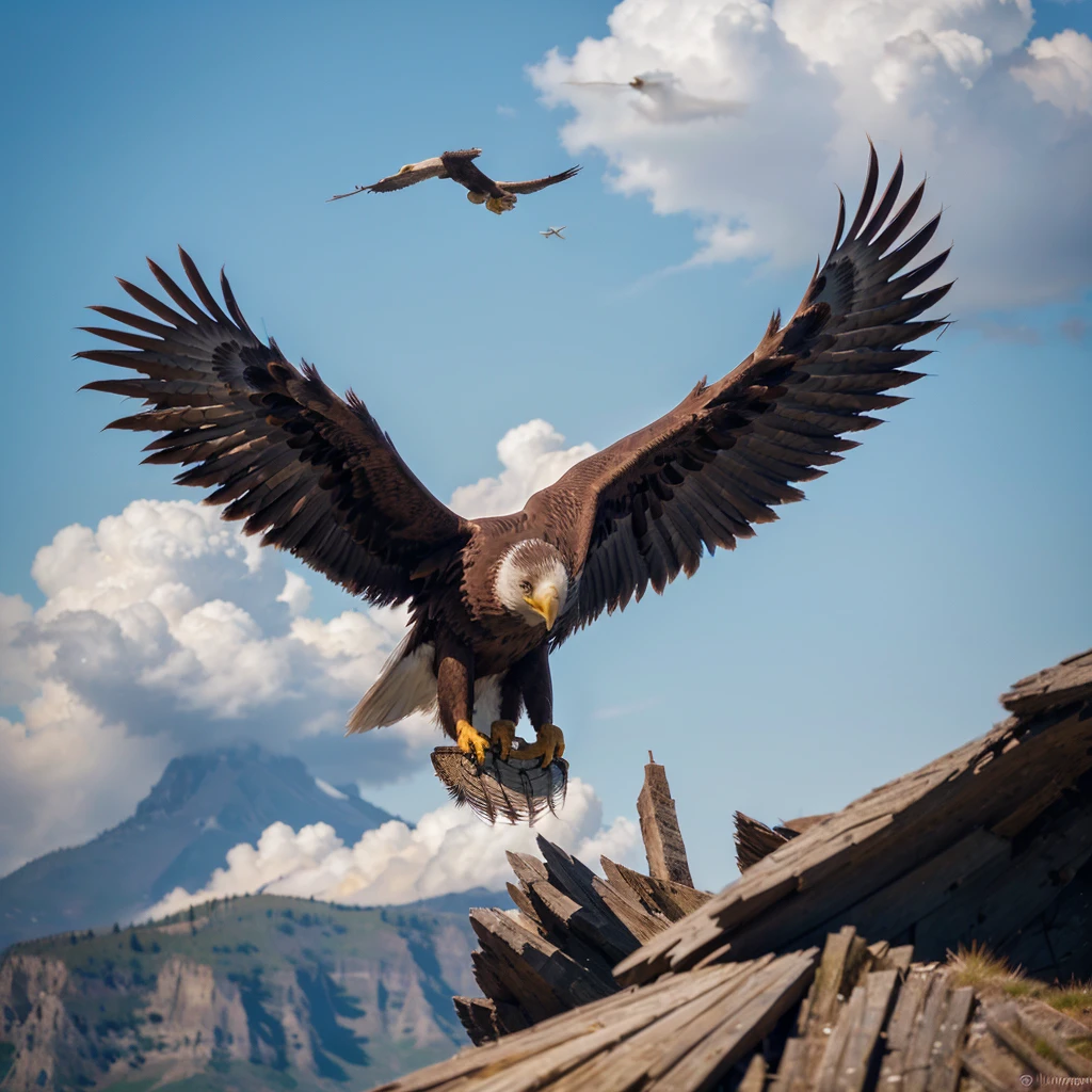 "Create a realistic image of a majestic eagle in flight, with your wings outstretched. The eagle must have detailed and textured feathers, highlighting its sharp claws and penetrating gaze. The background should show a clear sky with some clouds in the distance, suggesting altitude and freedom. The lighting should enhance the shine of the eagle's feathers and create soft shadows to give depth to the image.."