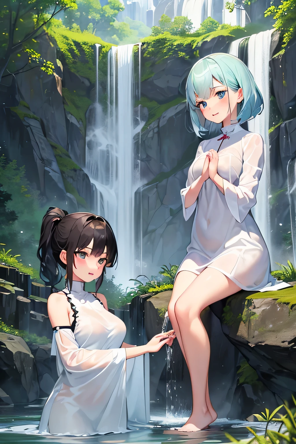 Highest quality、High resolution、Detailed Background、Artistic、(Beautiful face in every detail:1.4)、Anatomically correct、(Normal number of fingers:1.2)、Highly detailed face、Detailed eyes、age beauty、(Huge breasts:1.2)、Perfect body line、Bobcut、ponytail、well-groomed eyebrows、cute gesture、Natural beauty、Deep green mountains、Under the cold winter sky、A secluded waterfall。Roar and splash、Show only the upper body、Accentuate your cleavage、The fabric is transparent and emphasizes her breasts、A big smile、
(Two girls wearing white cloths and standing under a waterfall with their hands together in prayer:1.5)、
clear々In the quiet mountain stream、I am trying to do waterfall training.、As the cold water splashes up、He stands there, breathless and excited.、They encourage each other by raising their voices to match the sound of the powerful waterfall.、While brushing back her wet hair、It's nice to see them praising each other's efforts.、Even though they are shivering from the cold, they have a look of accomplishment on their faces.、During breaks, they enjoy lively conversation with hot drinks in hand.、It seems like they are filled with a sense of fulfillment, having trained both their body and mind in nature.、The sight of them holding hands and walking away is powerful.、cute