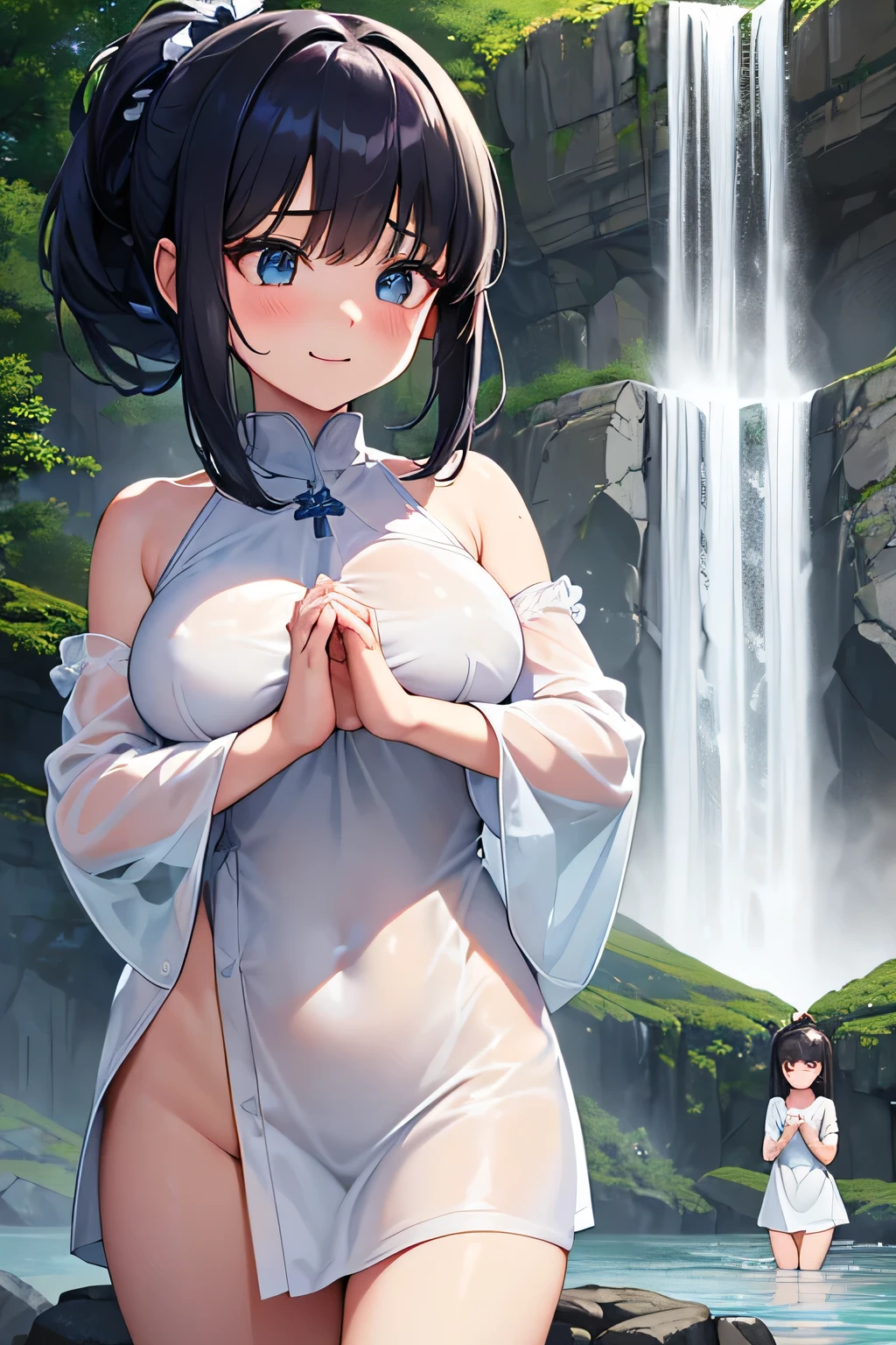 ((Highest quality)), ((masterpiece)), (detailed),(（nymph）),, Black Hair,(Childish face), (Straight Hair), Girl ,Medium Breasts , ((Blue eyes)),Chuckle-Smile , ((Naked)),（(topless)), Sunlight , ((close_up)) , lake ,waterfall,