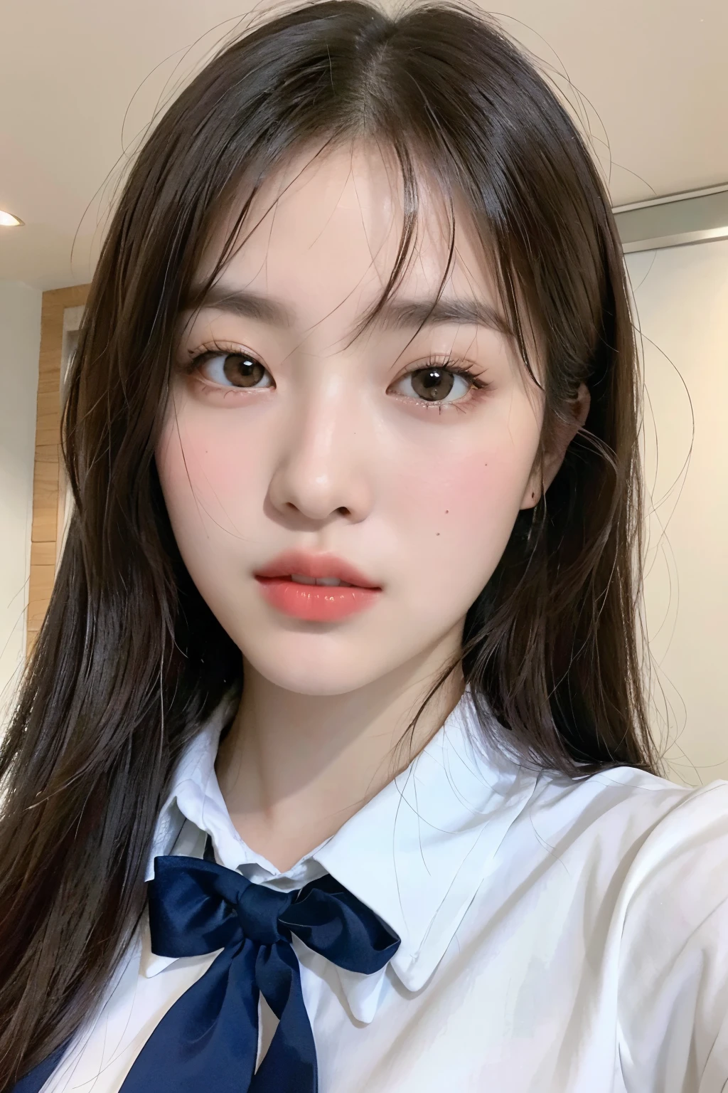 RAW Photos,（8k）、（Highest quality：1.2）、（Realistic）、（Realistic：1.37）、Ultra-high resolution、Selfie photo of a high school girl、Selfie、（school uniform）、Close-up、Close-up of face、Young woman in 、White shirt、School building in the background、Natural look、Youthful atmosphere。（1 female、Half Korean and half Ukrainian、80% Korean、17 years old、
