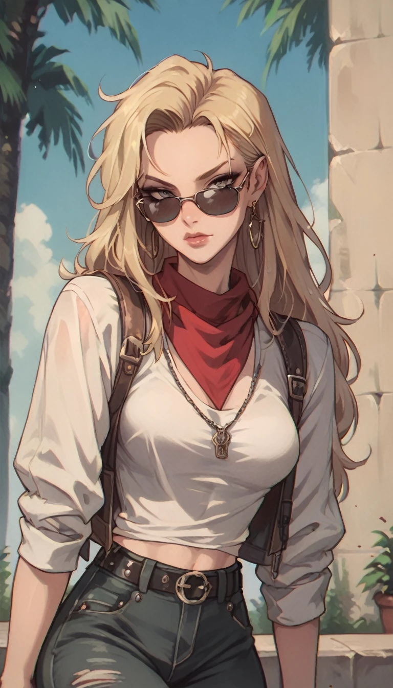 naughty man, long blonde hair, red bandana on the forehead, sunglasses
