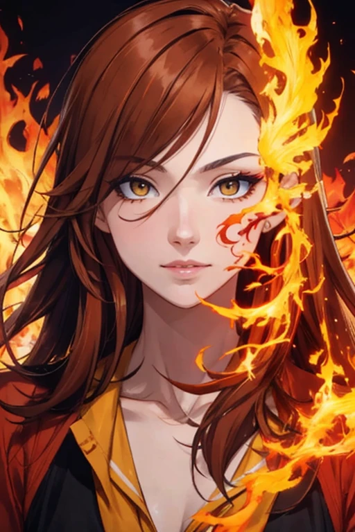 Face half woman half majestic bird flames yellow orange red , Brown hair