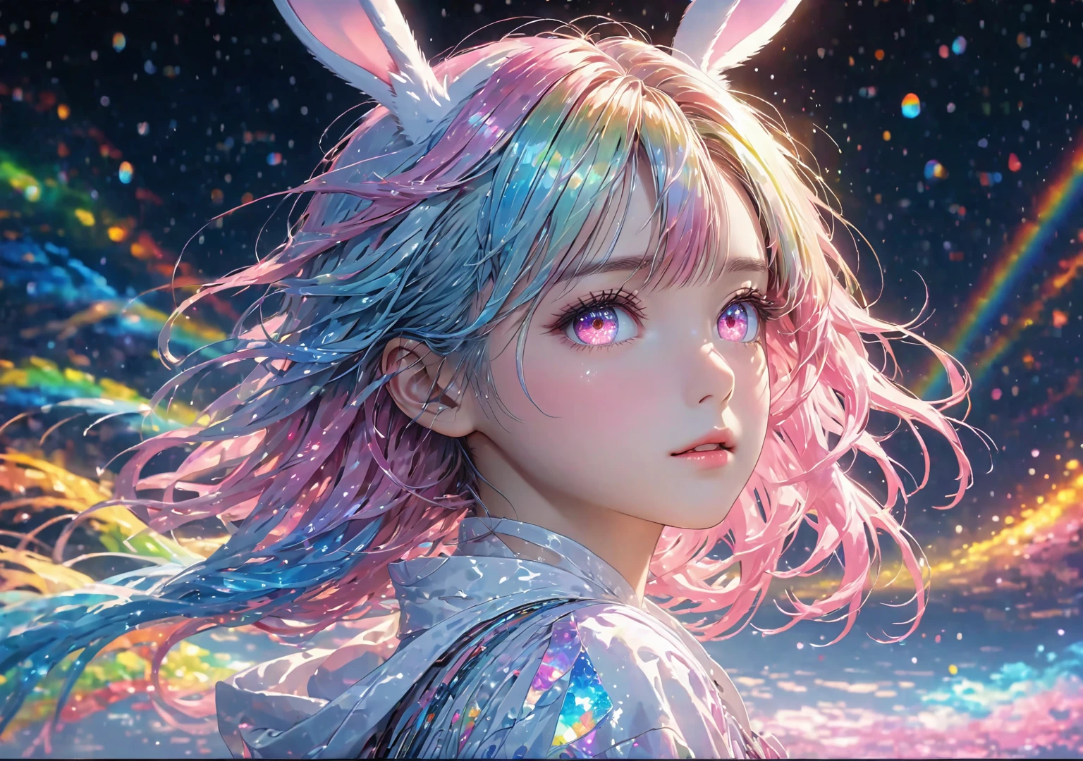 Twins Girl,((((pink color eyes))), (((bunny tail))),((bunny outfit)),beautiful as a fairy, a melancholy expression that stirs affection, floating hair, light particles, glare, vivid, fancy, dreamlike, a dim atmosphere, adult, full body, wet, ((anime style))),,(((cyber outfit))), (night sky), (((cyber backround))), masterpiece, Light focus , (Bright gradient watercolor :1.5, Lens Flare:1.5 , Glitter :1.5)、Glow , Dreamy , ((night background))、Grid illusion, Colorful, boy, (((night sky background:1.5,Psychic in the background:1.5))),((extremely detailed eye:1.5)),{{{Ultra 8K resolution}}},((masutepiece, of the highest quality, Beautiful and aesthetic: 1.2)),{{hyper detailed masterpiece: 1.7}}, {{Cinematic lighting}},(The hair Transparency:1.5）,(Light shades:1.5，light toned，Bright big aurora background:1.5、ming:1.5，Cold reflection:1.5，The edges of the object are reflected by a rainbow:1.5) 、(Golden ratio: 1.2), (Super Detail: 1.3), (Fractal Art: 1.3), {{{Glitter Pupil:1.25}}}) , ((rainbow-colored hair:1.2、colourful hair、Half blue and half pink hair:1.5,Shiny hair: 1.2)), (Heterochromia), (Hyper-detailing), ((delicate detail)), (intricate-detail), ((Cinematic Light, Highest quality backlight)), High contrast, {{{The best lighting, Very delicate and beautiful}}}, (( Cinematic Light)), (ray trace reflection, Glow), (((glowing aura)), {{{Glowing hair:1.25}}}, ((Super Detail)), (8K)), ((a closeup)), ((Brown skin)),(firmament:1.5),