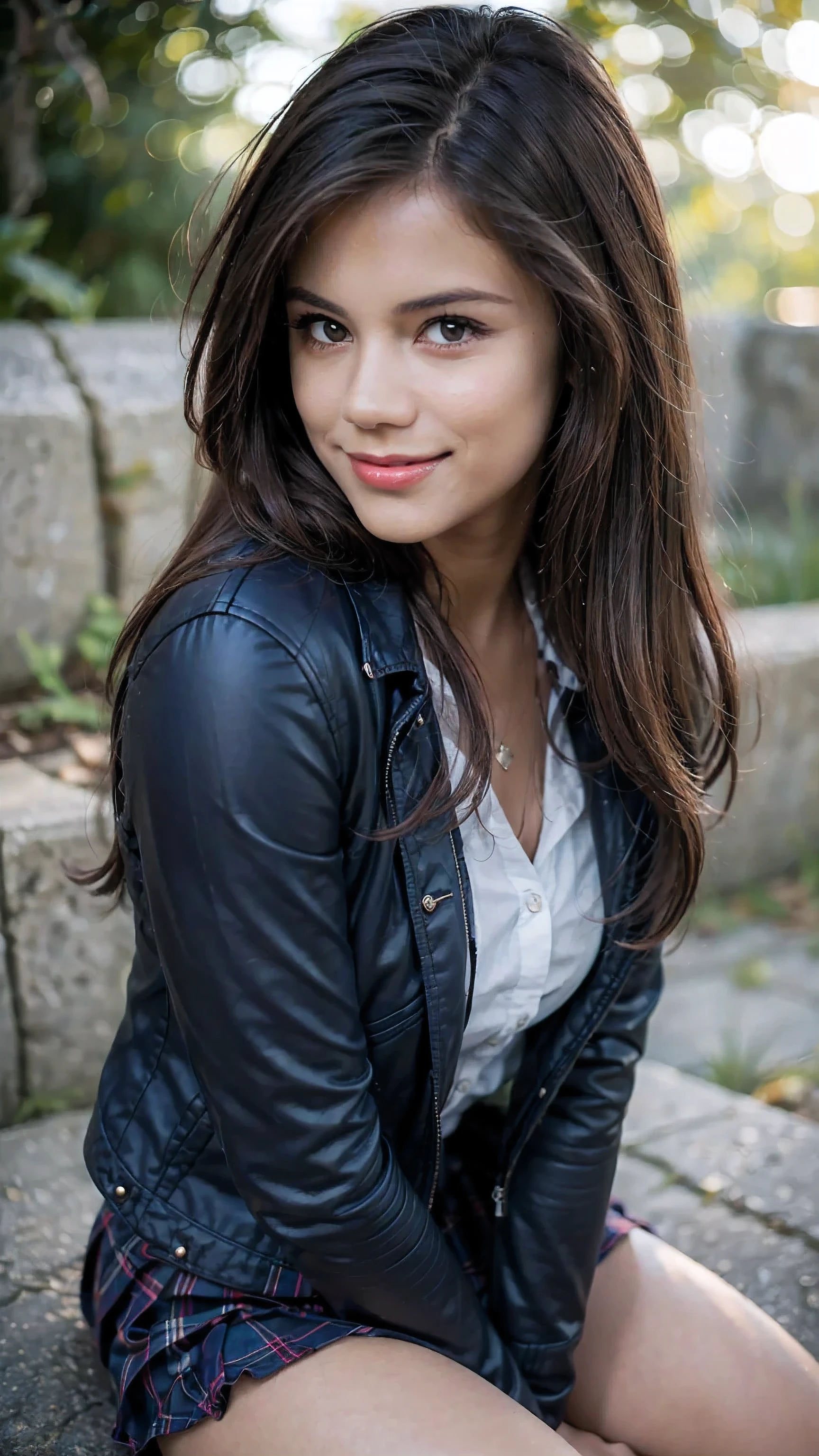 concept:A portrait of a beautiful woman。little_Caprice, quality:(highest quality, 4K, High resolution, masterpiece:1.2), Super detailed, (real, photorealistic:1.37), lightning:cinematic light, Bright colors and mesmerizing effects, Soft and delicate lightning, Soft shine, Lens flare, Subject information:alone, ((young woman)), (narrow eyes), (small face), (high detailed leather:1.2), long eyelashes, bright lips, (bionde, long wavy hair, Blue eyes), slim body shape:1.4, Highly detailed face and skin texture, (happy smile:1.2), facing the front:1.2, Posing for a photoshoot, (((high school uniform:1.2, dark blue jacket, open jacket, White shirt, deep blue plaid skirt, seductive thighs))), Other details:after school:1.5, sit on the stairs:1.2, beautiful skin, shiny skin, perfect fingers, five fingers, anatomically correct, background bokeh, Lens flare, 500㎜, f/4, Photoshoot,