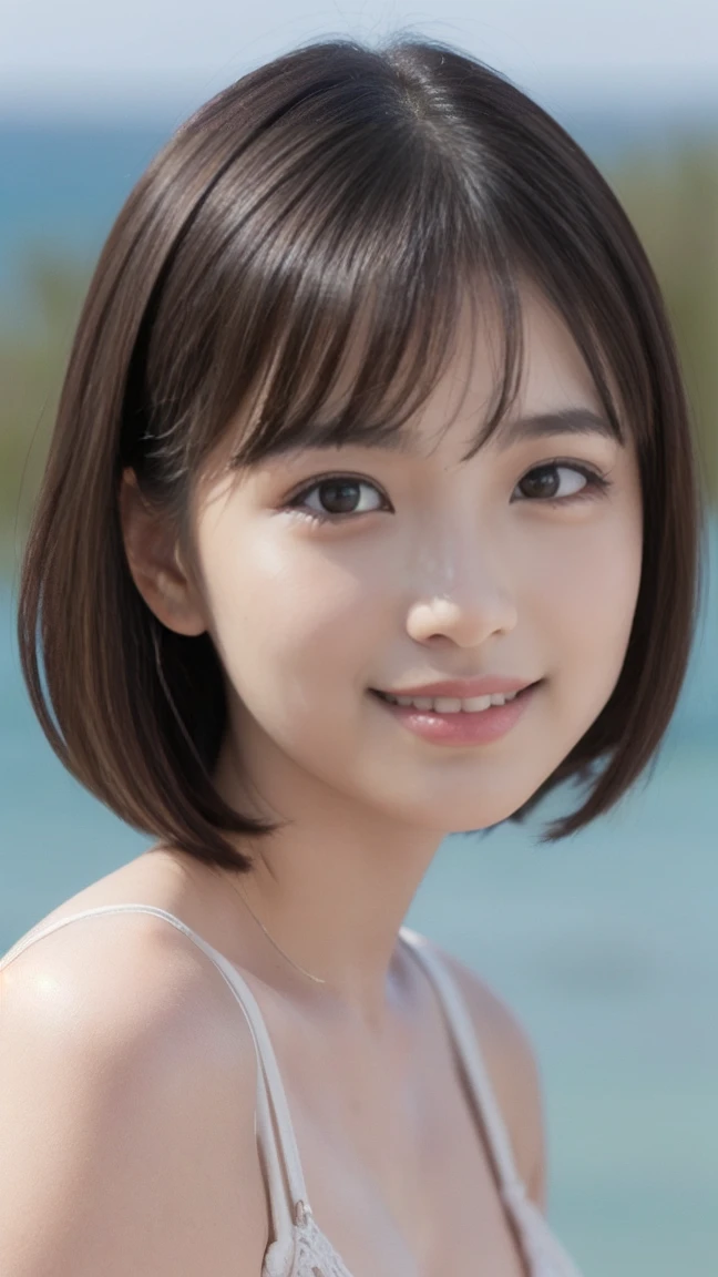 ((Standing on a hill overlooking the sea)),(masterpiece)、(Highest quality:1.5)、(Photorealistic:1.urreal), (High resolution), (Realistic), (Post-processing),(Sharp focus), Sharp focus:1.2,Backlight, (Improvement of quality:1.4), (Narrow waist)、((Perfectly detailed five-fingered hands)),(Anatomically correct body)、((1 female:1.4))、Japanese、Realistic Skin、(Small chest:1.4)、Bust size is A cup、A pretty woman with a slender figure:1.4,(from the front:1.5), (Enhances the beauty of skin texture:1.1),No makeup、美しいBlack Hair、smile、Natural color lip、(Small Mouth:1.4)、The mouth is not open、Thick lips、(Oval Face)、Even bangs、Hide eyebrows with bangs、((33-year-old woman))、Bob Hair、Hair blowing in the wind, (Black Hair, Iris, Watery eyes, Shining Eyes, Bob cut hair,), Hair behind the ear、No makeup、(Drooping eyes)、(((One lovely woman)),((優しい大きなsmile)),(( Small breasl breastsの谷間))ump Cheeks)))),very cute,(Baby Face),Raccoon face,