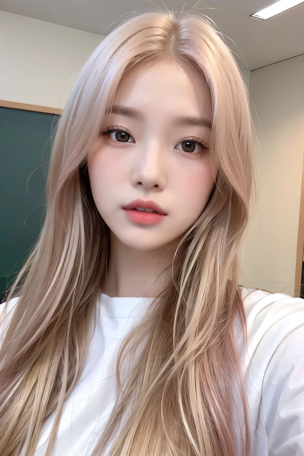 RAW Photos,（8k）、（Highest quality：1.2）、（Realistic）、（Realistic：1.37）、Ultra-high resolution、Selfie photo of a high school girl、Selfie、（school uniform）、Close-up、Close-up of face、Young woman in 、White shirt、School building in the background、Natural look、Youthful atmosphere。（1 female、Half Korean and half Ukrainian、80% Korean、17 years old、(Light pink hair that is almost blonde 1.4))、