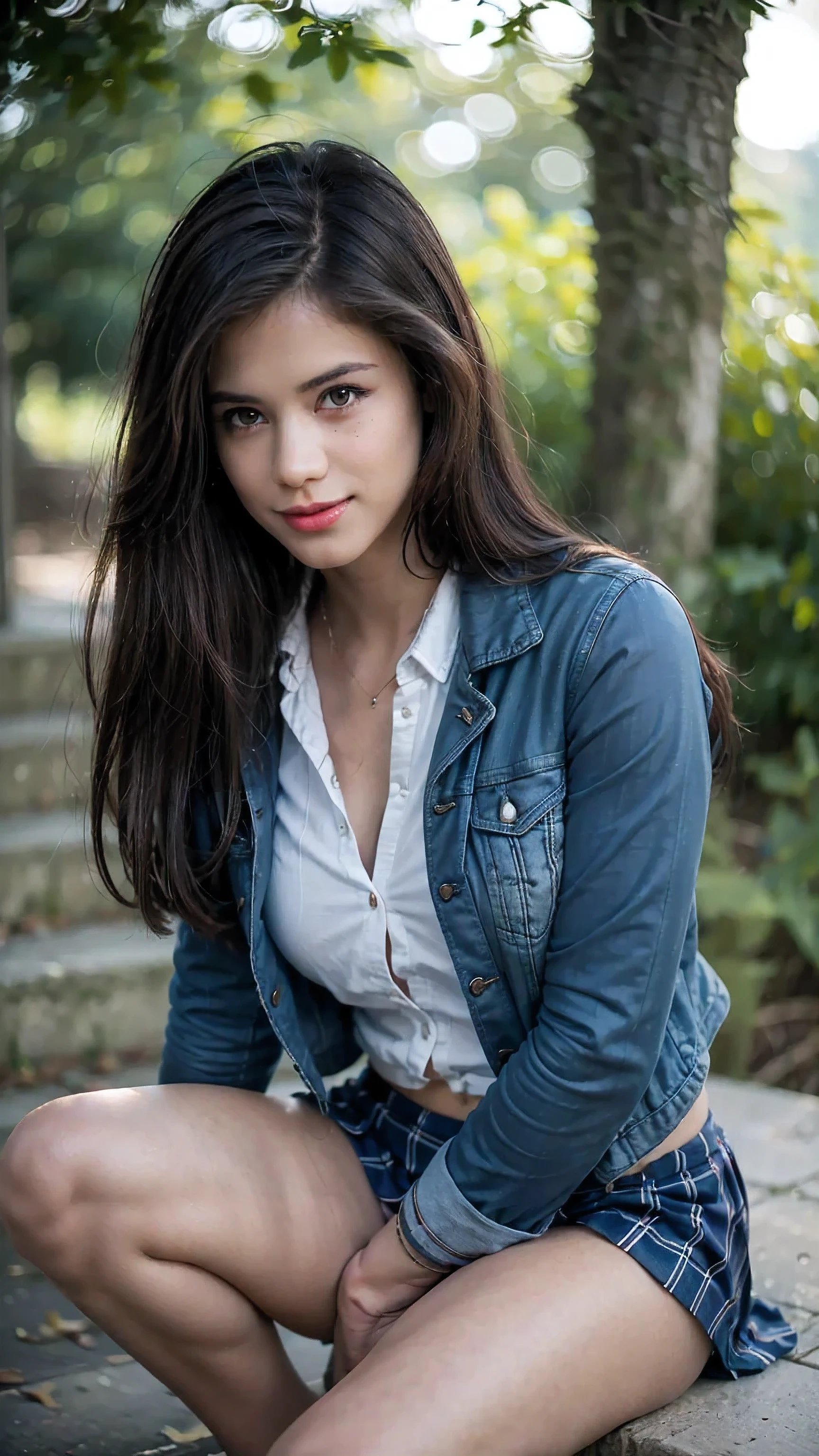 concept:A portrait of a beautiful woman。little_Caprice, quality:(highest quality, 4K, High resolution, masterpiece:1.2), Super detailed, (real, photorealistic:1.37), lightning:cinematic light, Bright colors and mesmerizing effects, Soft and delicate lightning, Soft shine, Lens flare, Subject information:alone, ((young woman)), (narrow eyes), (small face), (high detailed leather:1.2), long eyelashes, bright lips, (bionde, long wavy hair, Blue eyes), slim body shape:1.4, Highly detailed face and skin texture, (happy smile:1.2), facing the front:1.2, Posing for a photoshoot, (((high school uniform:1.2, dark blue jacket, open jacket, White shirt, deep blue plaid skirt, seductive thighs))), Other details:after school:1.5, sit on the stairs:1.2, beautiful skin, shiny skin, perfect fingers, five fingers, anatomically correct, background bokeh, Lens flare, 500㎜, f/4, Photoshoot,