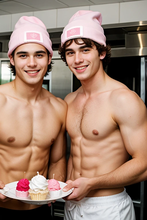 Two young cute handsome shirtless white ice cream server with pink hat