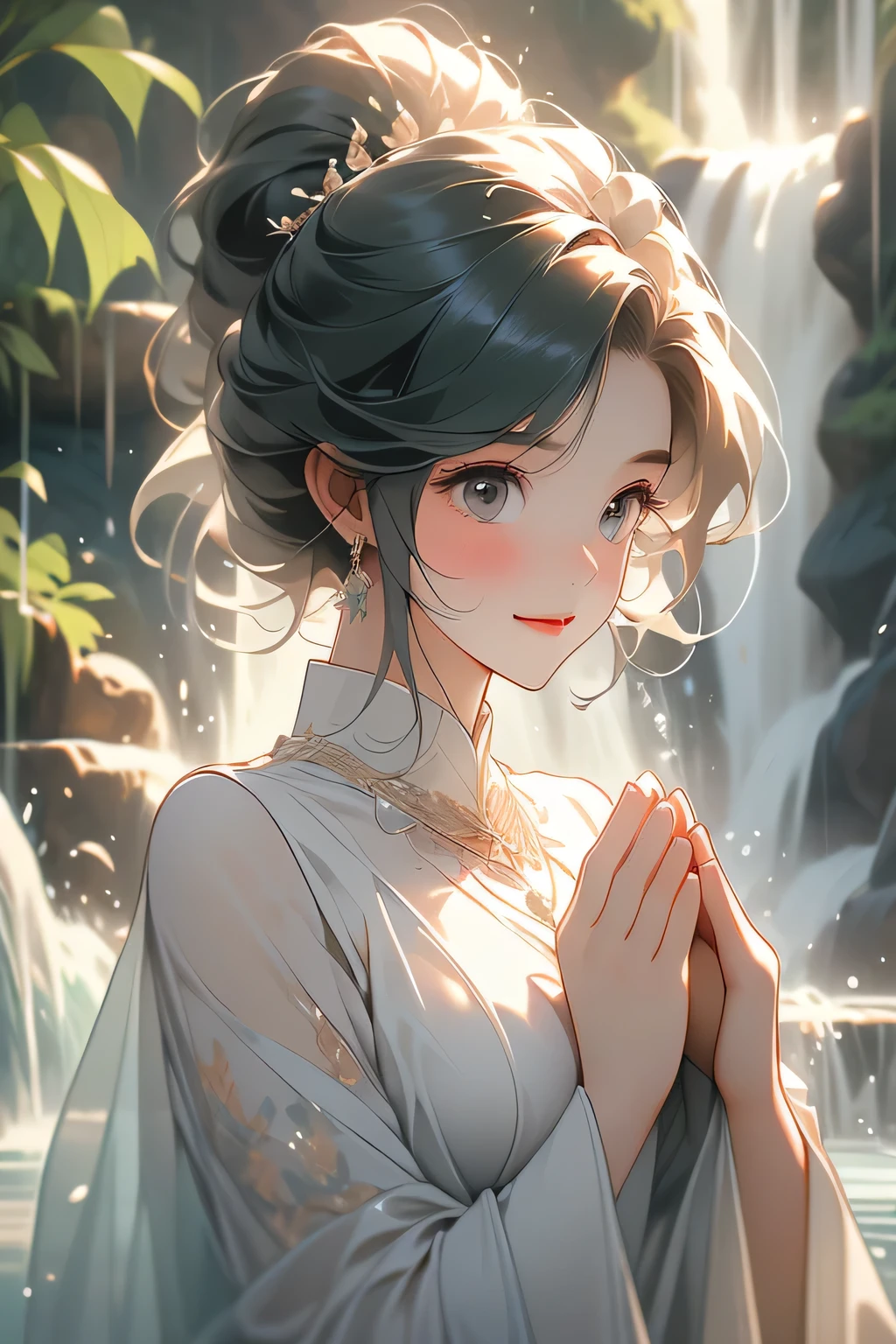Highest quality、High resolution、Detailed Background、Artistic、(Beautiful face in every detail:1.4)、Anatomically correct、(Normal number of fingers:1.2)、Highly detailed face、Detailed eyes、Teenage beauty、(Huge breasts:1.2)、Perfect body line、Light color hair、Bobcut、ponytail、well-groomed eyebrows、cute gesture、Natural beauty、Deep green mountains、Under the cold winter sky、A secluded waterfall。Roar and splash、Show only the upper body、Accentuate your cleavage、The fabric is transparent and emphasizes her breasts、The fabric is transparent and the skin is visible、A big smile、

(Two girls wearing white cloths and praying with their hands together are being showered by the waterfall.:1.5)、

clear々In the quiet mountain stream、I am trying to do waterfall training.、As the cold water splashes up、He stands there, breathless and excited.、While brushing back her wet hair、Even though they are shivering from the cold, they have a look of accomplishment on their faces.、cute