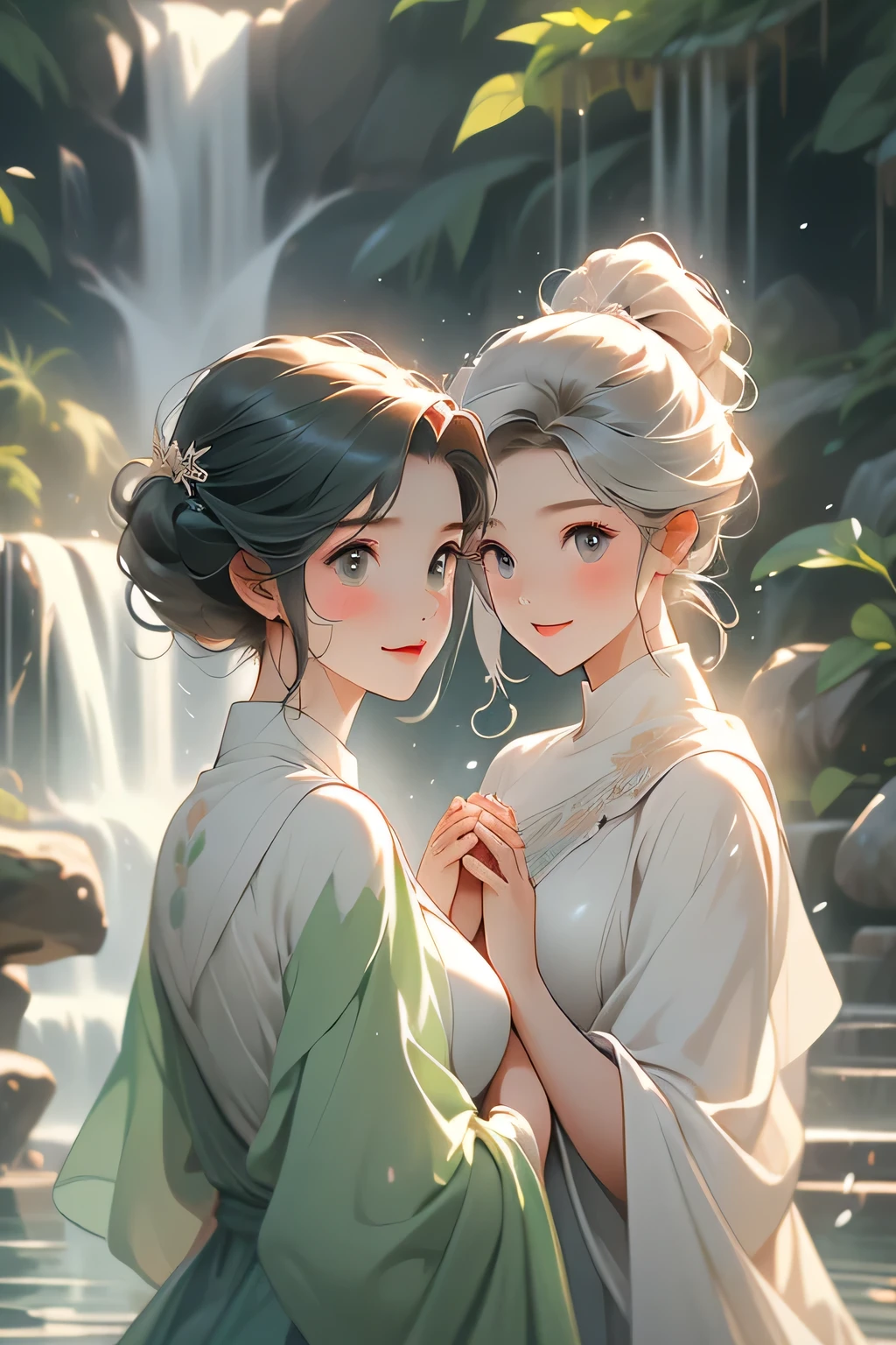 Highest quality、High resolution、Detailed Background、Artistic、(Beautiful face in every detail:1.4)、Anatomically correct、(Normal number of fingers:1.2)、Highly detailed face、Detailed eyes、Teenage beauty、(Huge breasts:1.2)、Perfect body line、Light color hair、Bobcut、ponytail、well-groomed eyebrows、cute gesture、Natural beauty、Deep green mountains、Under the cold winter sky、A secluded waterfall。Roar and splash、Show only the upper body、Accentuate your cleavage、The fabric is transparent and emphasizes her breasts、The fabric is transparent and the skin is visible、A big smile、
(Two girls wearing white cloths and praying with their hands together are being showered by the waterfall.:1.5)、
clear々In the quiet mountain stream、I am trying to do waterfall training.、As the cold water splashes up、He stands there, breathless and excited.、While brushing back her wet hair、Even though they are shivering from the cold, they have a look of accomplishment on their faces.、cute