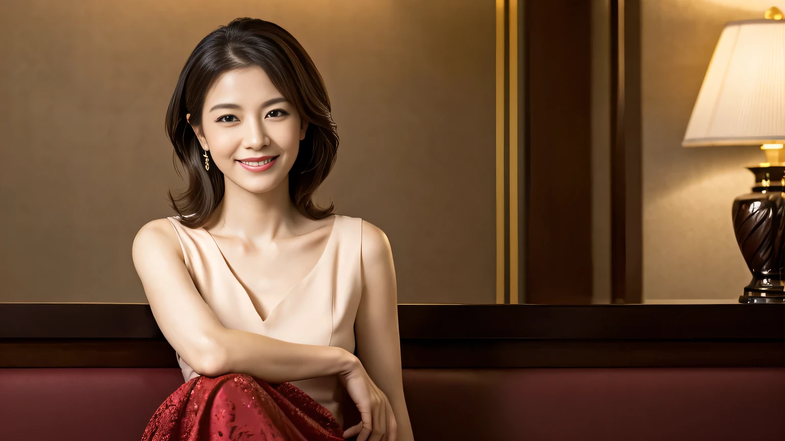 Browsing Caution, Highest quality, Realistic, Surreal, Great quality, Extremely detailed CG, Very delicate and beautiful, 8k wallpaper, High resolution, hotel lobby, (Dim lighting), Single women, Age 37, ((whole body)), ((I々Standing facing)), (Black blouse), (Long skirt), (Red High Heels), Straight medium hair, smile, Thin lips, slim, Small breasts, (Highly detailed face), (Highly detailed facial expressions)、smile