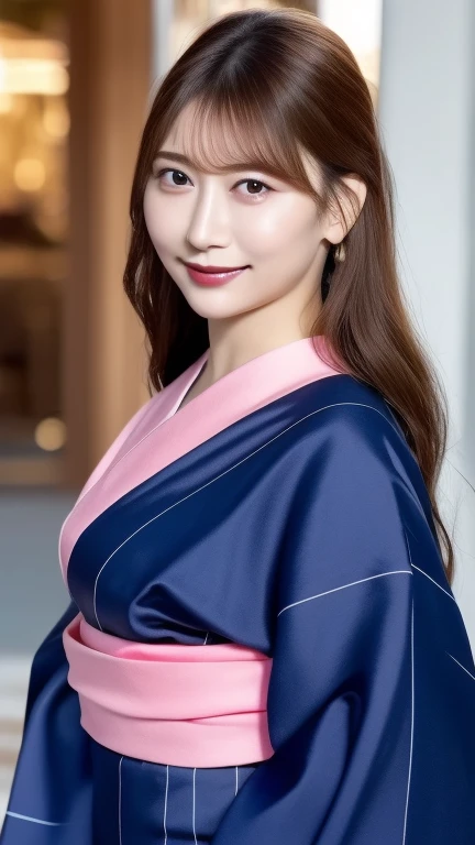 (Highest quality、8k、Award-winning works、Ultra-high resolution)、One beautiful woman、((She is wearing a cute navy blue yukata...)),Bright color contacts、Perfect Makeup、Bright and shiny lipstick、(Very heavy makeup:1.2)、(Deep pink around the eyes:1.1)、Beautiful bright eyeshadow、Heavy makeup around the eyes、very long wavy hair、(Romantic affection:1.1)、The best smile he had when he saw me、(Background of food stalls lined up at a night festival:1.1)、(Strongly blurred background:1.1)、Accurate anatomy、Ultra HD Hair、(Ultra-high resolutionの完璧な美しい歯:1.1)、Ultra-high definition beauty face、Ultra HD Hair、Ultra HD Shining Eyes、輝くUltra-high resolutionの美肌、Ultra-high resolutionの艶やかな唇,I'm holding a water balloon with a picture on it.,Neon lights are glowing