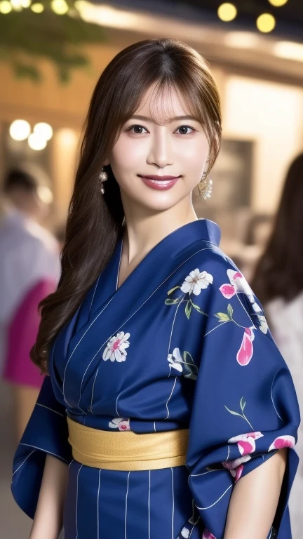 (Highest quality、8k、Award-winning works、Ultra-high resolution)、One beautiful woman、((She is wearing a cute navy blue yukata...)),Bright color contacts、Perfect Makeup、Bright and shiny lipstick、(Very heavy makeup:1.2)、(Deep pink around the eyes:1.1)、Beautiful bright eyeshadow、Heavy makeup around the eyes、very long wavy hair、(Romantic affection:1.1)、The best smile he had when he saw me、(Background of food stalls lined up at a night festival:1.1)、(Strongly blurred background:1.1)、Accurate anatomy、Ultra HD Hair、(Ultra-high resolutionの完璧な美しい歯:1.1)、Ultra-high definition beauty face、Ultra HD Hair、Ultra HD Shining Eyes、輝くUltra-high resolutionの美肌、Ultra-high resolutionの艶やかな唇,I'm holding a water balloon with a picture on it.,Neon lights are glowing