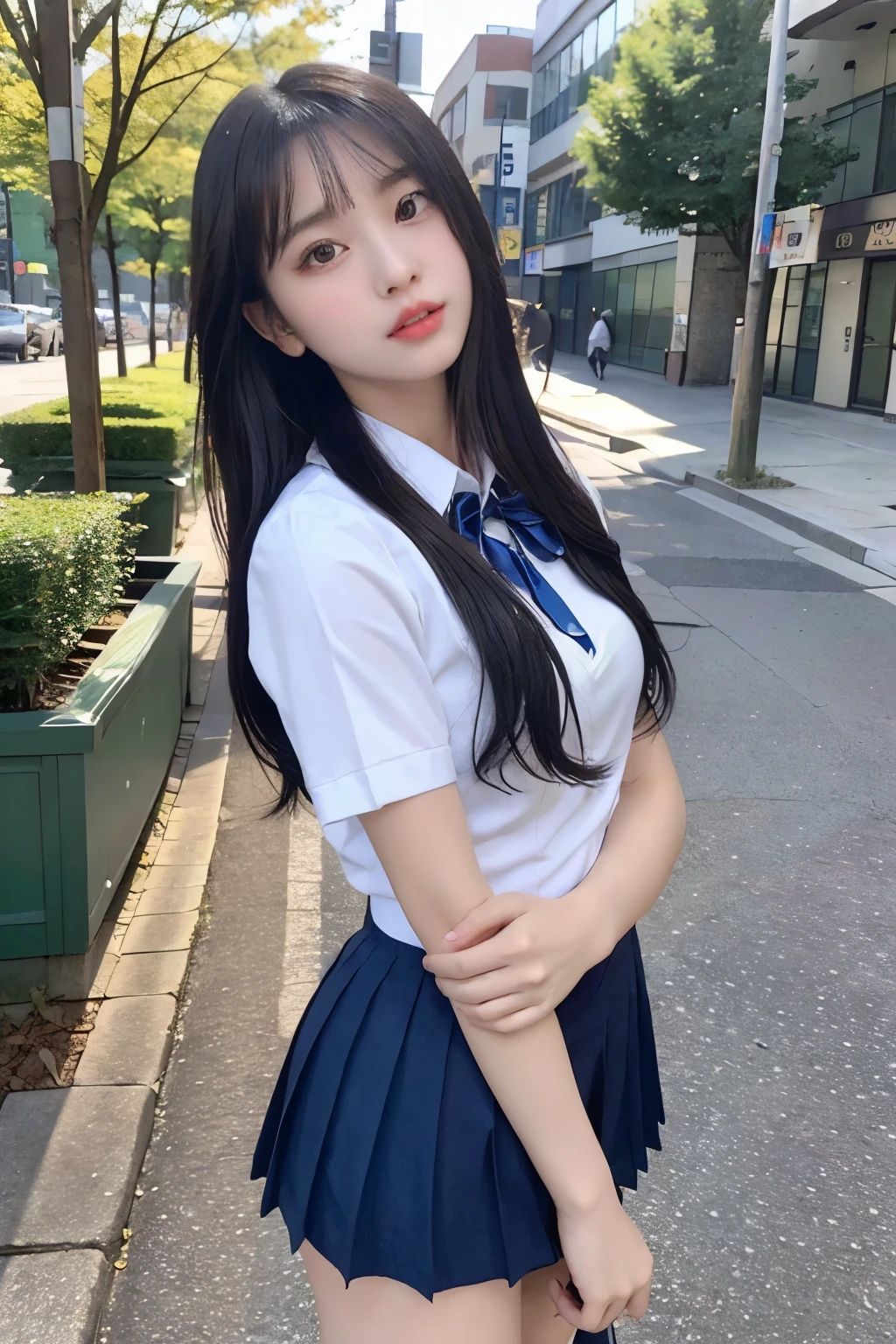 RAW Photos,(8k)、(Highest quality:1.2)、(Realistic)、(Realistic:1.37)、Ultra-high resolution、Selfie photo of a high school girl、(1 female、Half Korean and half Ukrainian、80% Korean、17 years old、walkway、RAW Photography、8k、top-quality、超A high resolution、beautiful faces detailed、Real human skin、Gentle expression、front-facing view、angle from bellow、length hair、realisitic、realisitic、cute little、a short skirt、Standing deep in the city、cute school girl、Japan uniform、Japan wearing 、surreal high school girl、full bodyesbian、huge tit、