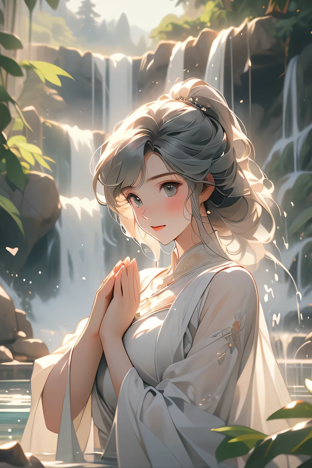 Highest quality、High resolution、Detailed Background、Artistic、(Beautiful face in every detail:1.4)、Anatomically correct、(Normal number of fingers:1.2)、Highly detailed face、Detailed eyes、Teenage beauty、(Huge breasts:1.2)、Perfect body line、Light color hair、Bobcut、ponytail、well-groomed eyebrows、cute gesture、Natural beauty、Deep green mountains、Under the cold winter sky、A secluded waterfall。Roar and splash、Show only the upper body、Accentuate your cleavage、The fabric is transparent and emphasizes her breasts、The fabric is transparent and the skin is visible、A big smile、
(Two girls wearing white cloths and praying with their hands together are being showered by the waterfall.:1.5)、
clear々In the quiet mountain stream、I am trying to do waterfall training.、As the cold water splashes up、He stands there, breathless and excited.、While brushing back her wet hair、Even though they are shivering from the cold, they have a look of accomplishment on their faces.、cute