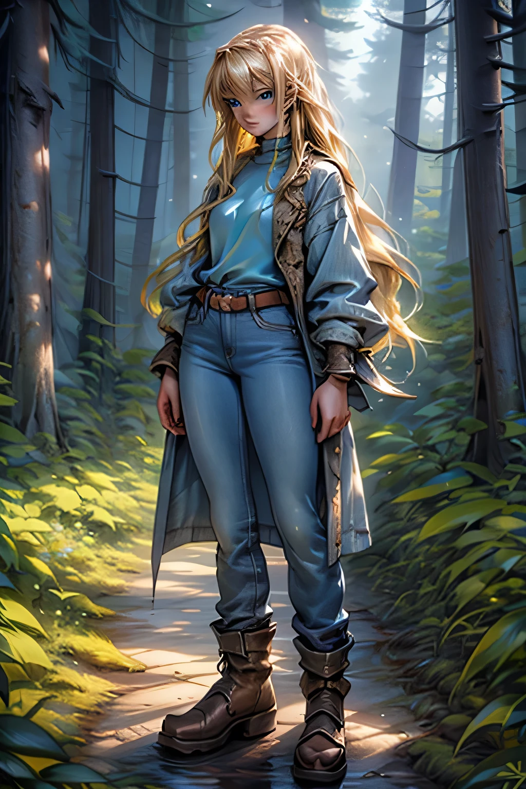 1girl, solo, blonde hair, pants, blue pants, traditional media, shirt, blue eyes, green shirt, long hair, coat, jeans, long sleeves, cowboy shot, denim, forest, standing, full body, liquid foil gradient