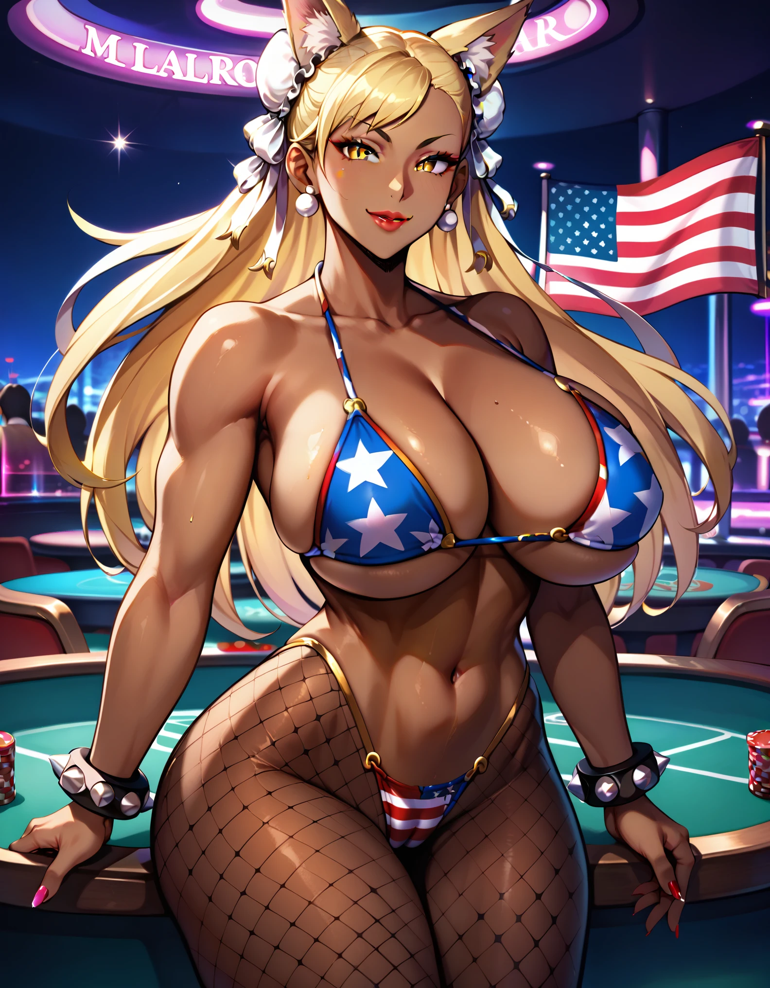 masterpiece, score_9_up, score_8_up, score_7_up, best quality, extremely detailed, 1girl, milf, solo, (dark skin, black skin:2), chun-li, (huge breasts), ((((blonde hair), long hair, yellow eyes, slit pupils, fox ears))), parted lips, (((fishnet bodystocking, american flag print bikini, panties))), ((seductive smile), closed mouth), ((casino)) 