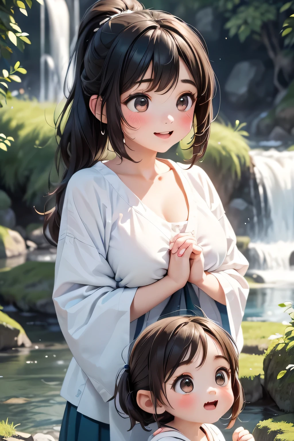 Highest quality、High resolution、Detailed Background、Artistic、(Beautiful face in every detail:1.4)、Anatomically correct、(Normal number of fingers:1.2)、Highly detailed face、Detailed eyes、age beauty、(Huge breasts:1.2)、Perfect body line、Light color hair、Bobcut、ponytail、well-groomed eyebrows、cute gesture、Natural beauty、Deep green mountains、Under the cold winter sky、A secluded waterfall。Roar and splash、Show only the upper body、Accentuate your cleavage、The fabric is transparent and emphasizes her breasts、The fabric is transparent and the skin is visible、A big smile、
(Two girls wearing white cloths and praying with their hands together are being showered by the waterfall.:1.5)、
clear々In the quiet mountain stream、I am trying to do waterfall training.、As the cold water splashes up、He stands there, breathless and excited.、While brushing back her wet hair、Even though they are shivering from the cold, they have a look of accomplishment on their faces.、cute
