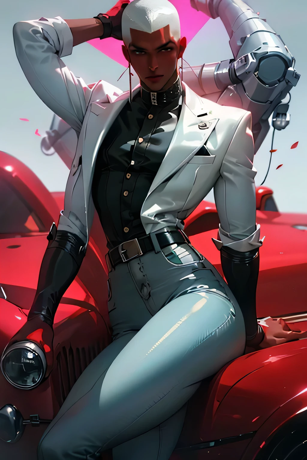 A thick, black woman with super short white hair, His hair is very short and barely reaches his ears, with a fade on the sides of his head, with sharp and sexy eyes, a seductive and sensual look. Very high resolution image, with low saturated colors, with pastel tones, SFW, it's daytime.
He wears a white suit, buttoned with black buttons and wide, high-waisted jeans that reach his waist. She wears a wide white belt on her waist, she wears dark gray high heels with laces bksnxos