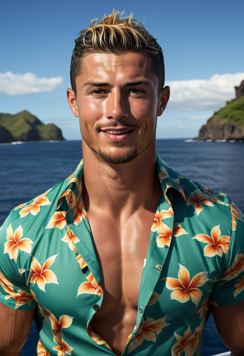 a handsome man CRISTIANO RONALDO, muscular, short blonde hair, perfect facial features, RAW, UHD, 8K, looking at camera, on a yacht at sea, vacation photography, island paradise, colorful unbuttoned Hawaiian shirt showing his stunning muscular chest, photorealistic, dynamic lighting, perfect day, [smiling]
