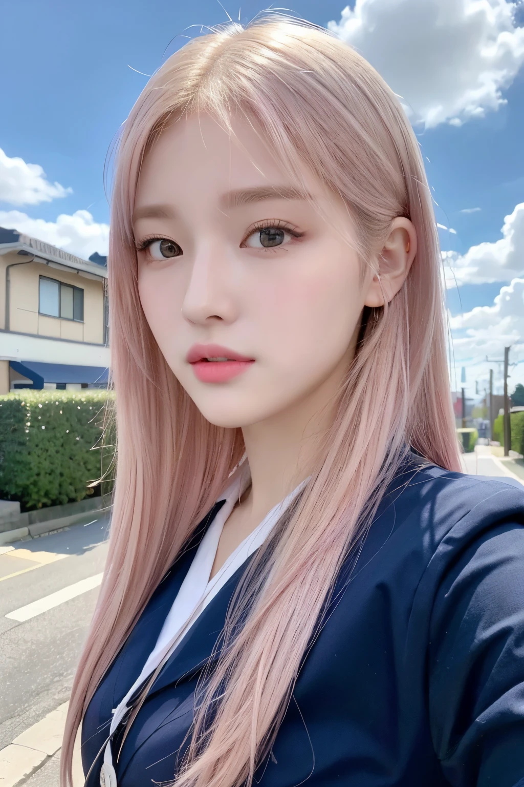 RAW Photo, 8K, (Best Quality: 1.2), (Real), (Real: 1.37), Ultra High Resolution,  Selfie, Selfie, (Uniform), Close-up, Close-up of Face, (One Woman, Half Korean, Half Ukrainian, 80% Korean, , (Light Pink Hair, Almost Blonde 1.4)), A  in a navy blue  is walking down a suburban street. She has a bright and attractive look. In the background are houses and utility poles, and the slightly cloudy sky creates a soft and calm atmosphere.